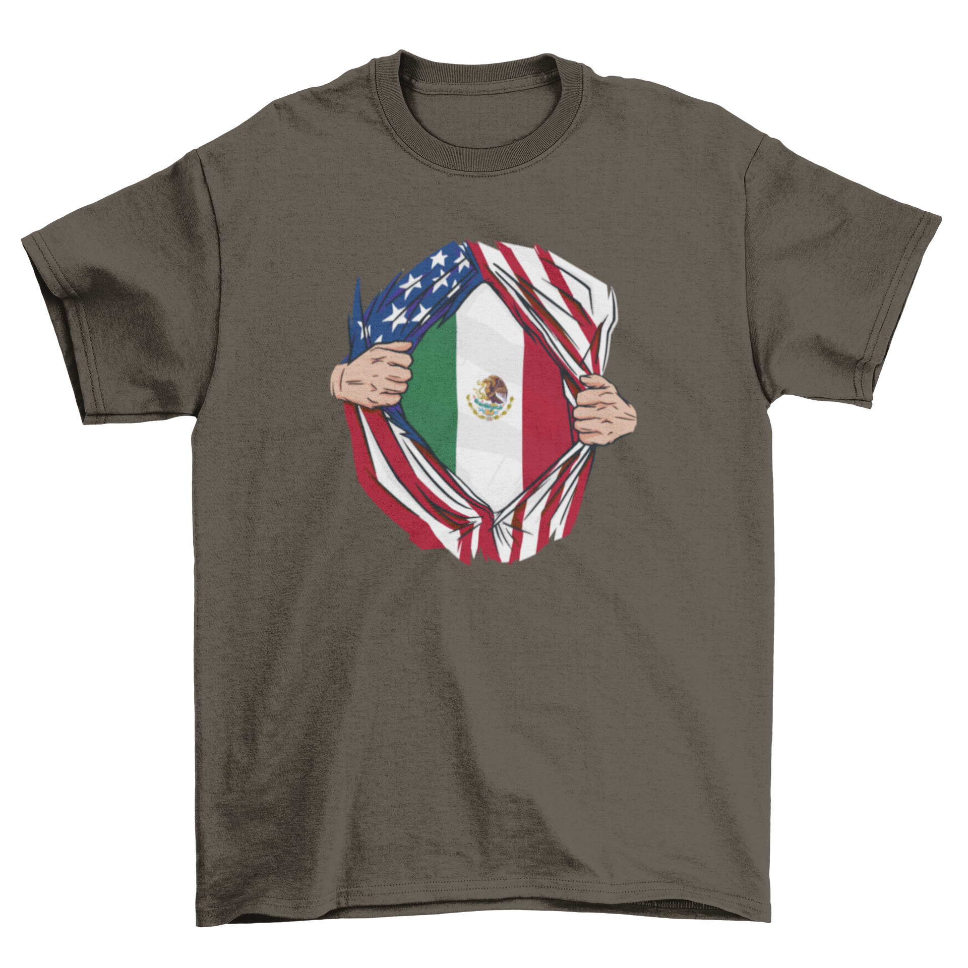 A stylish t-shirt featuring the Mexico flag under the American flag, showcasing cultural pride.