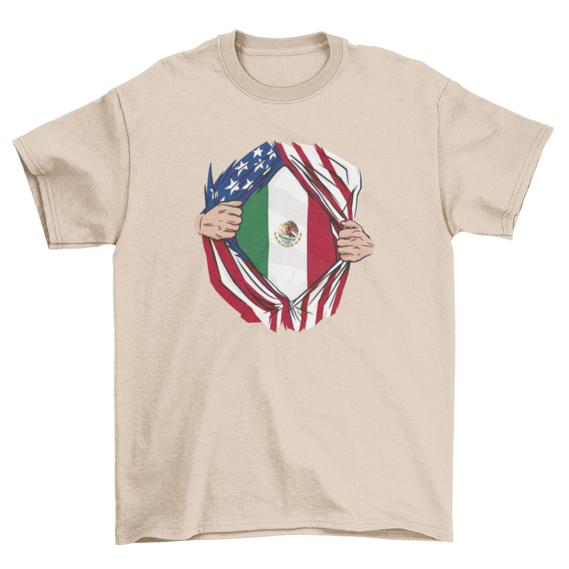 A stylish t-shirt featuring the Mexico flag under the American flag, showcasing cultural pride.