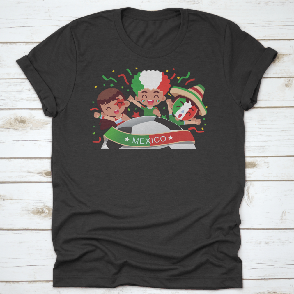 A vibrant Mexico football fans shirt featuring characters celebrating, made from soft cotton fabric.