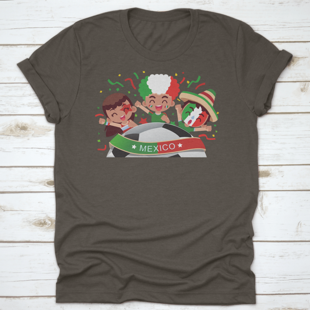 A vibrant Mexico football fans shirt featuring characters celebrating, made from soft cotton fabric.