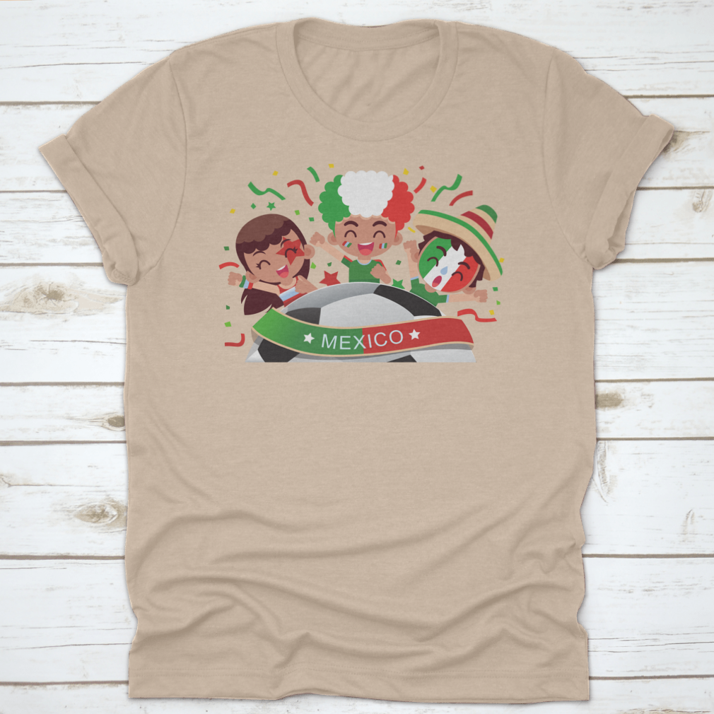 A vibrant Mexico football fans shirt featuring characters celebrating, made from soft cotton fabric.