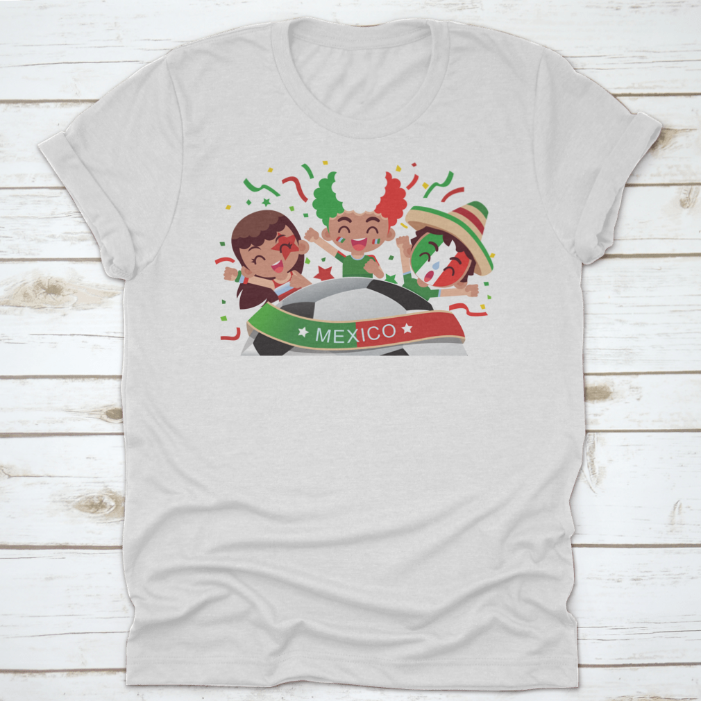 A vibrant Mexico football fans shirt featuring characters celebrating, made from soft cotton fabric.