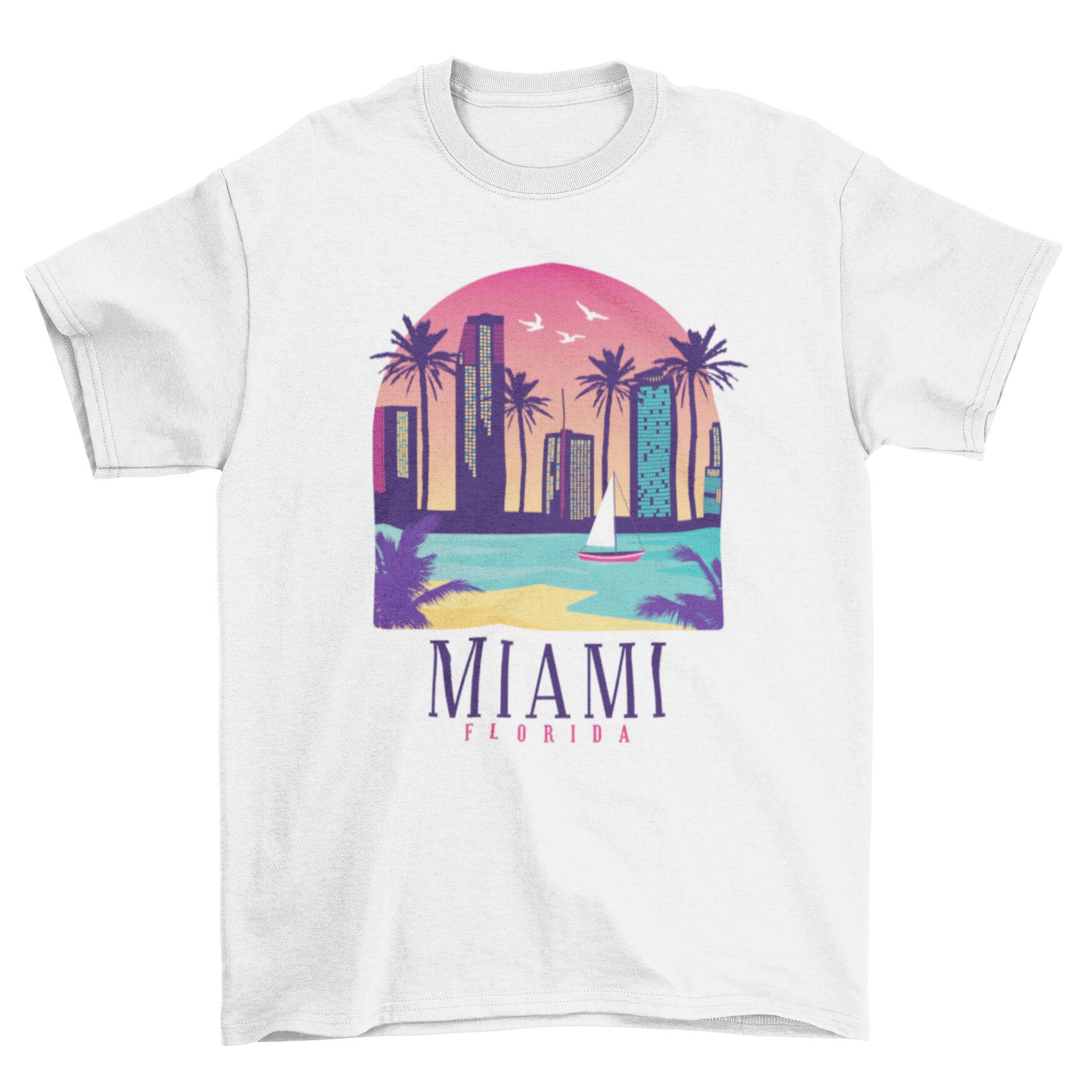 Miami Florida T-shirt featuring an illustrated skyline with famous buildings.