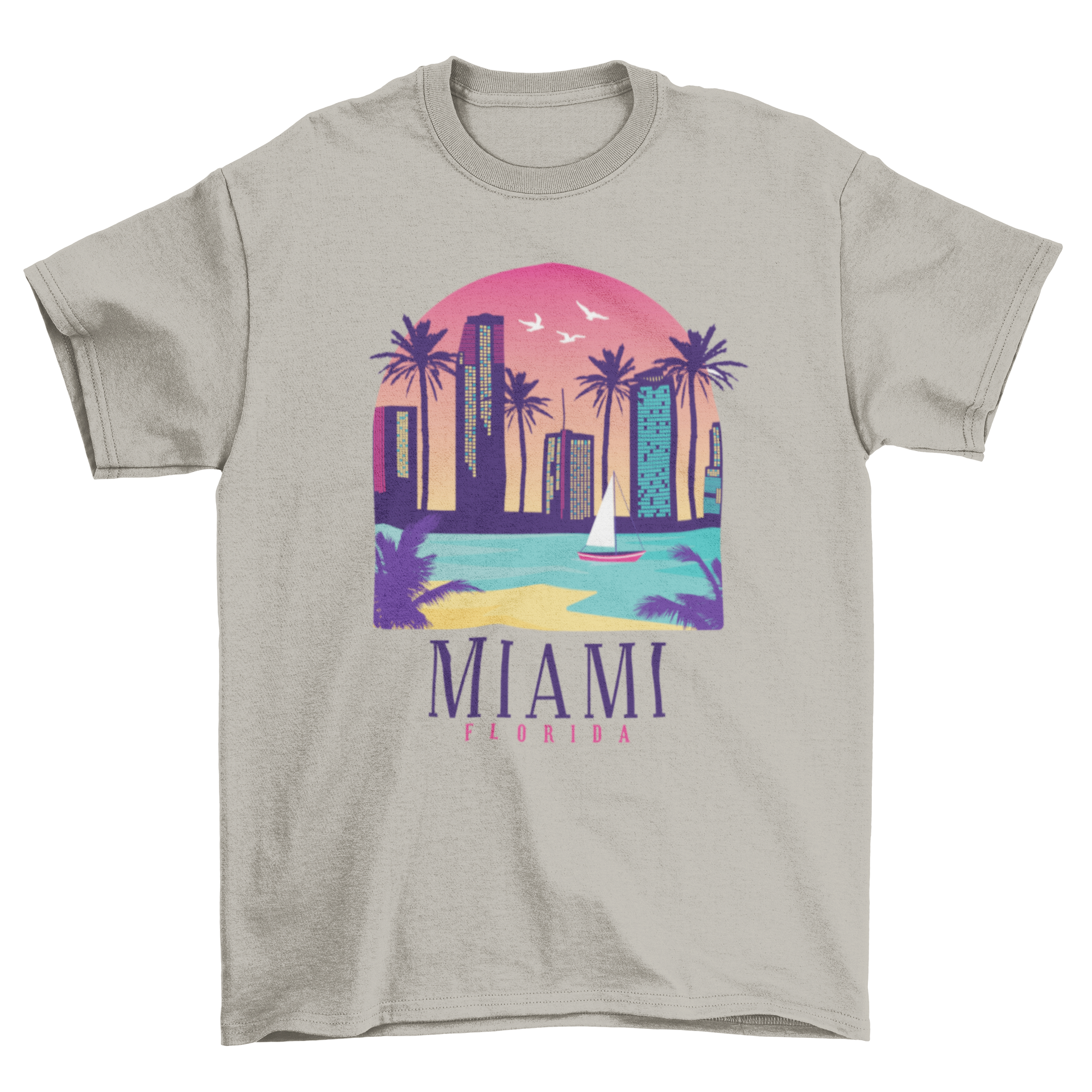 Miami Florida T-shirt featuring an illustrated skyline with famous buildings.