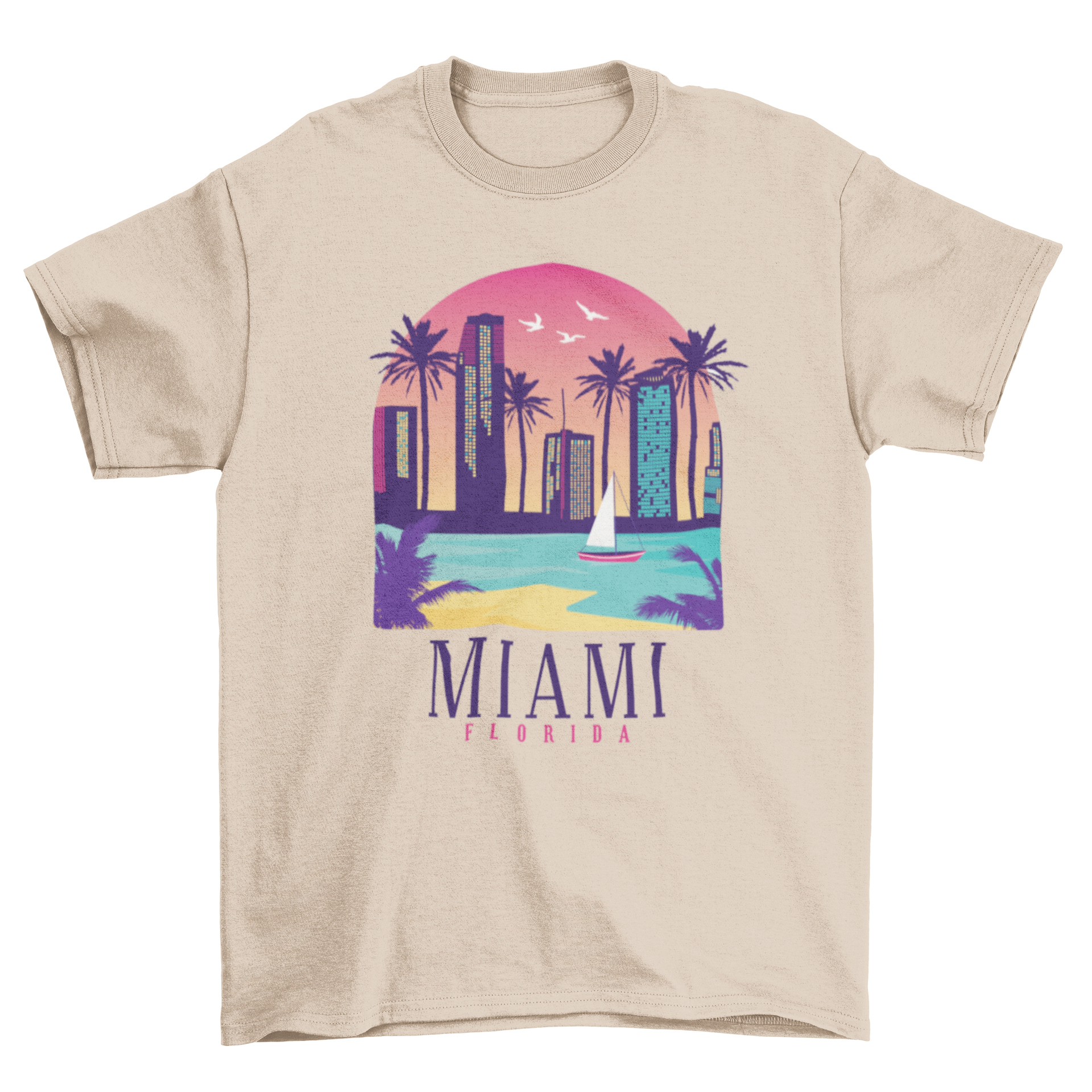 Miami Florida T-shirt featuring an illustrated skyline with famous buildings.