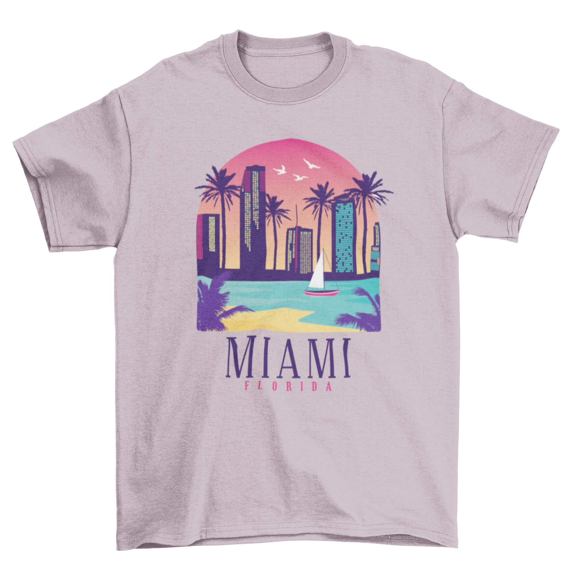 Miami Florida T-shirt featuring an illustrated skyline with famous buildings.