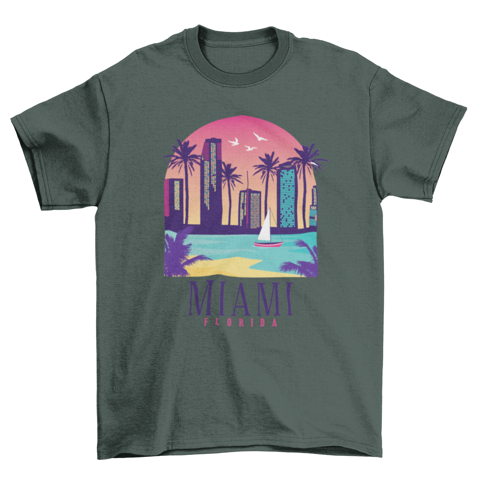 Miami Florida T-shirt featuring an illustrated skyline with famous buildings.