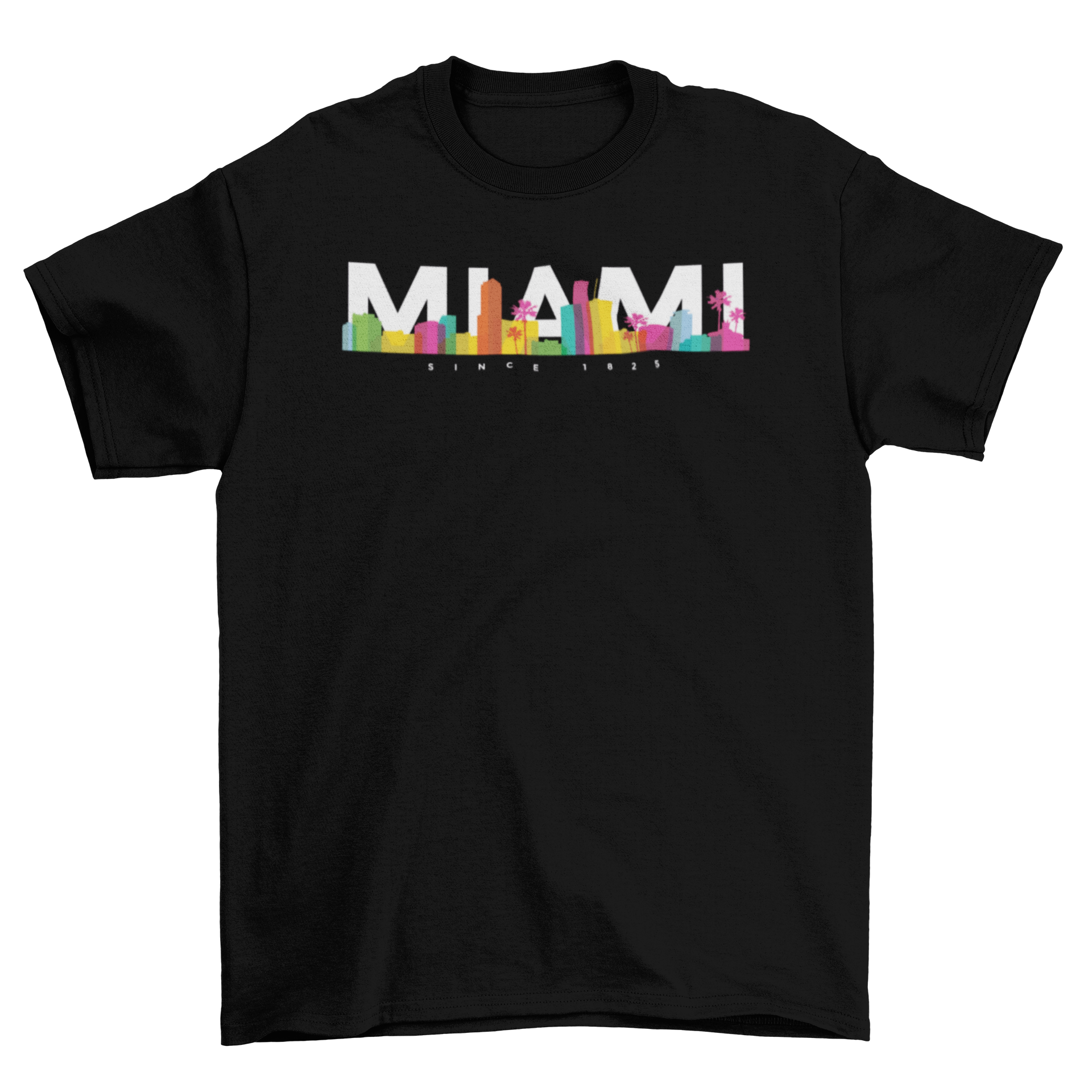 A vibrant t-shirt featuring the Miami skyline in bright colors, perfect for casual wear.