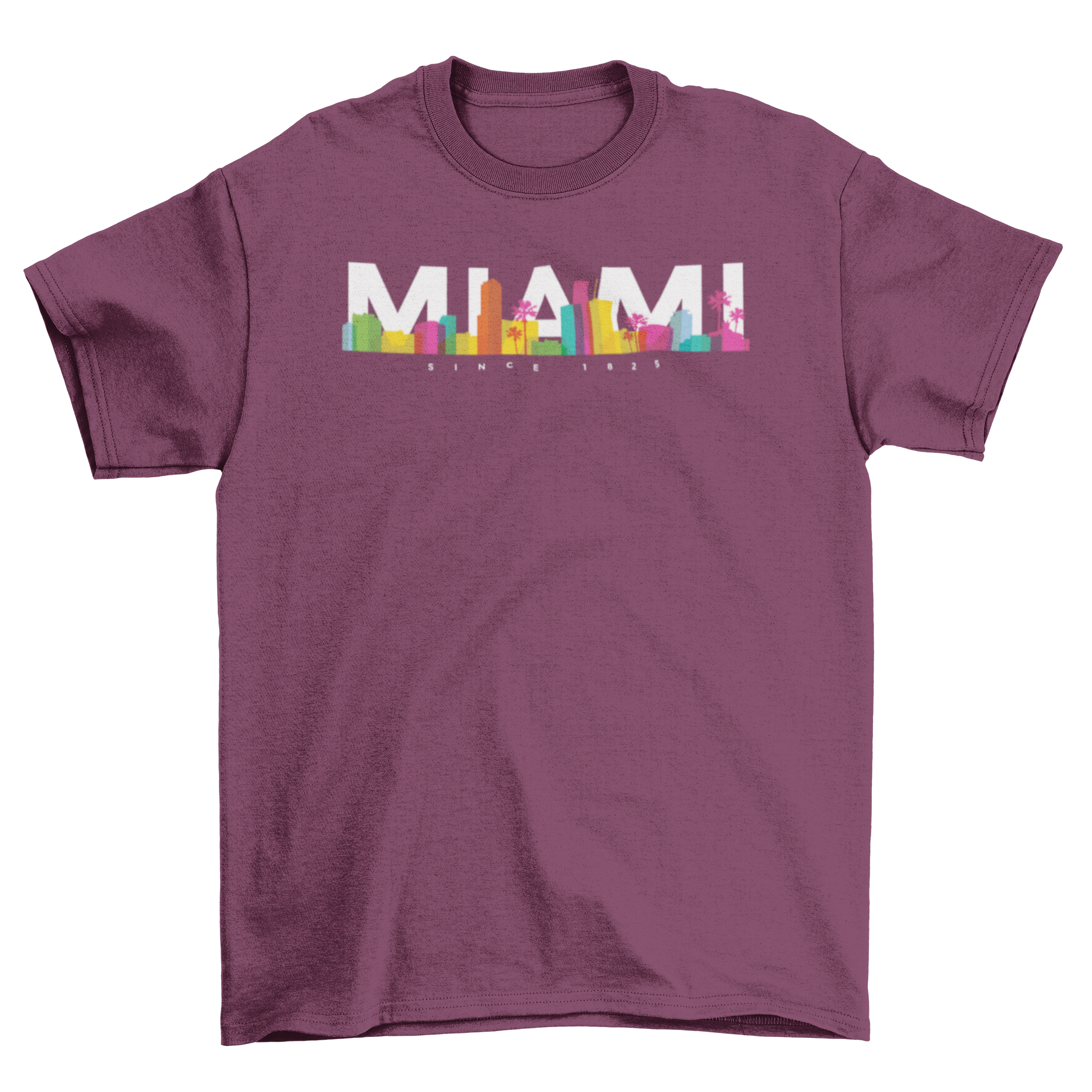 A vibrant t-shirt featuring the Miami skyline in bright colors, perfect for casual wear.