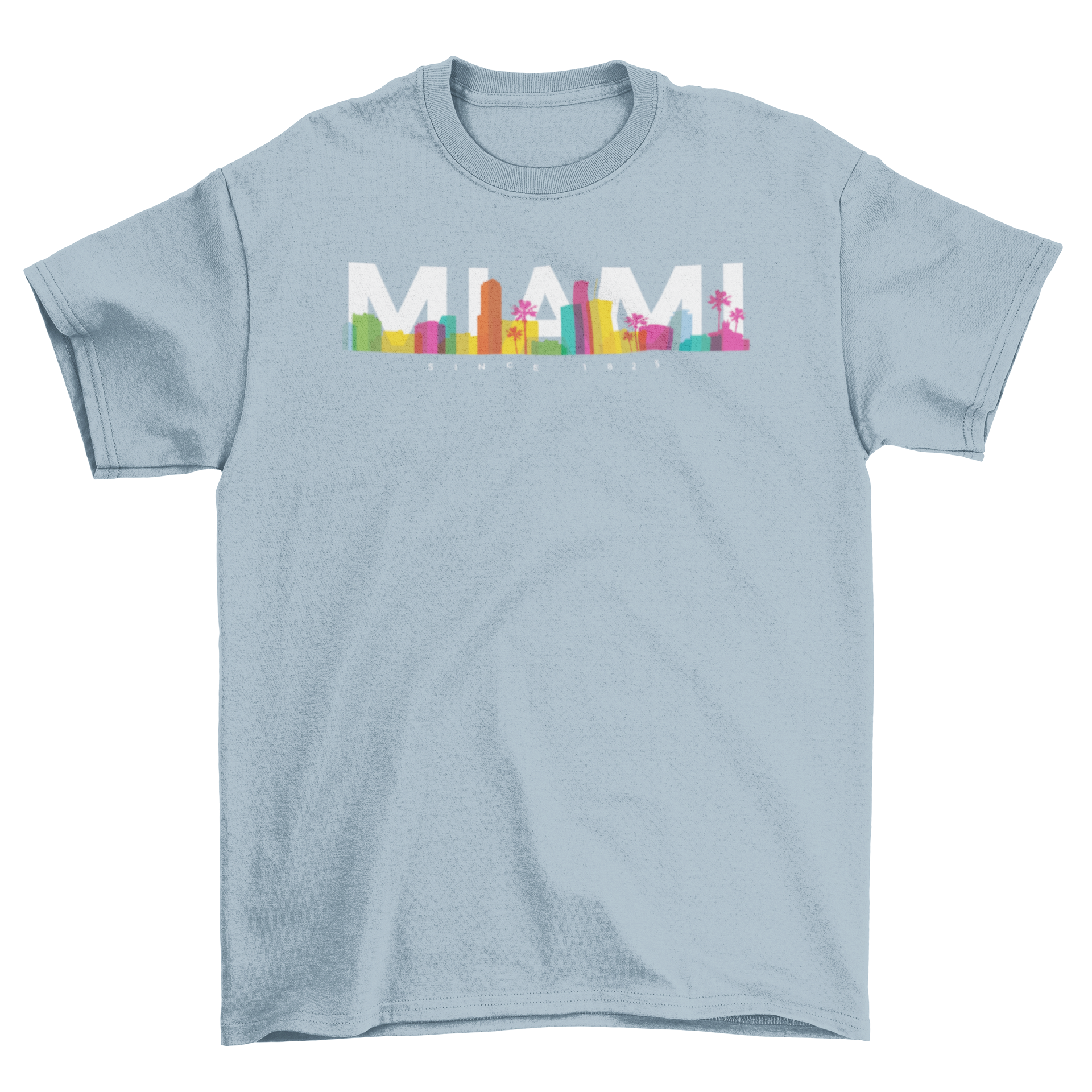 A vibrant t-shirt featuring the Miami skyline in bright colors, perfect for casual wear.