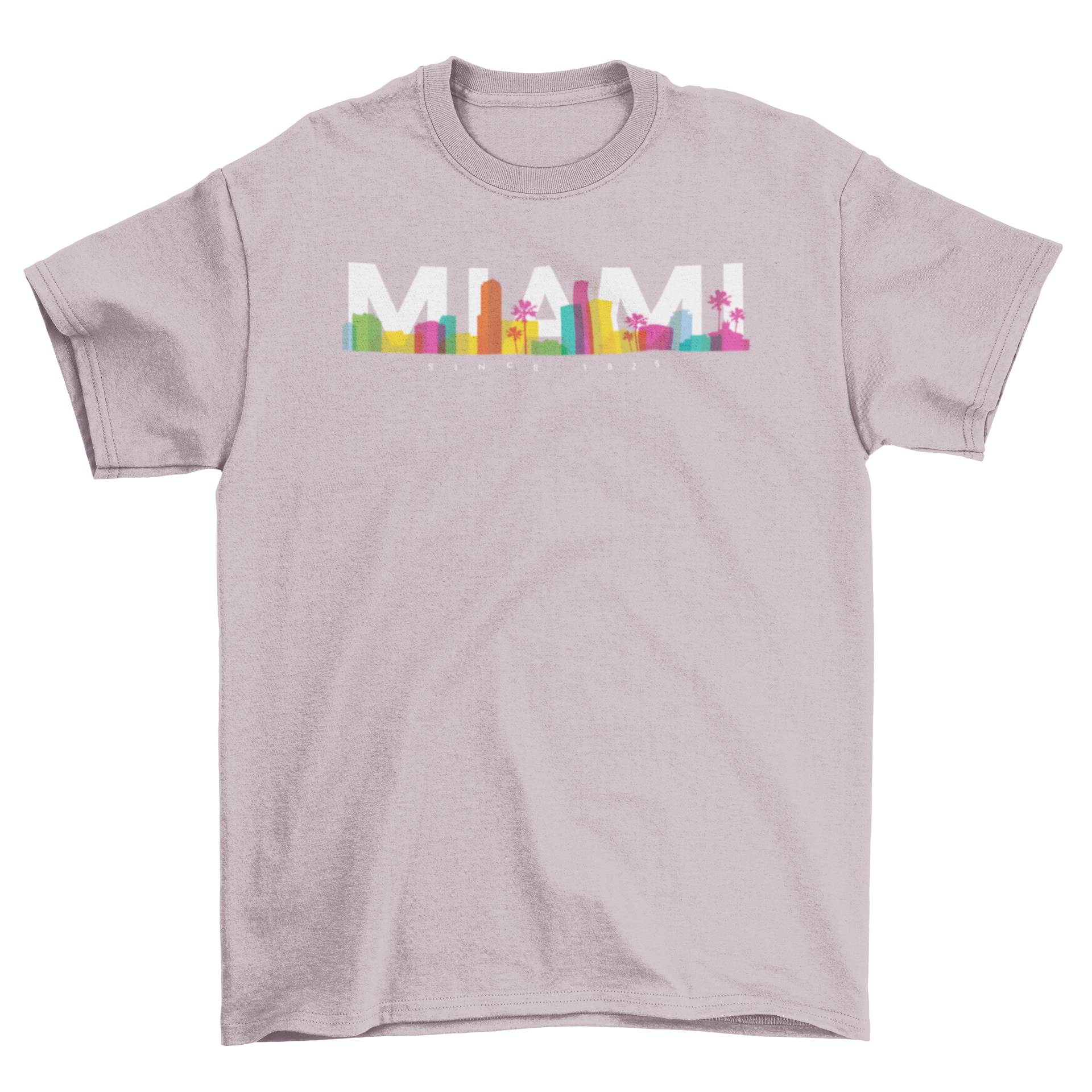 A vibrant t-shirt featuring the Miami skyline in bright colors, perfect for casual wear.