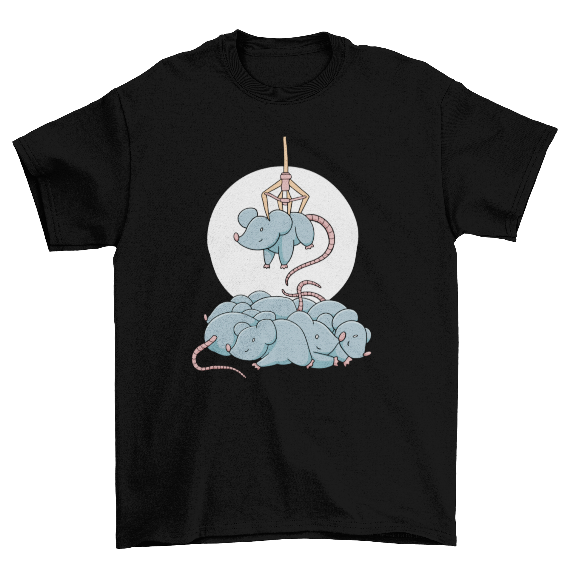 A cute t-shirt design featuring a mouse being grabbed by a claw machine, showcasing a playful and whimsical theme.