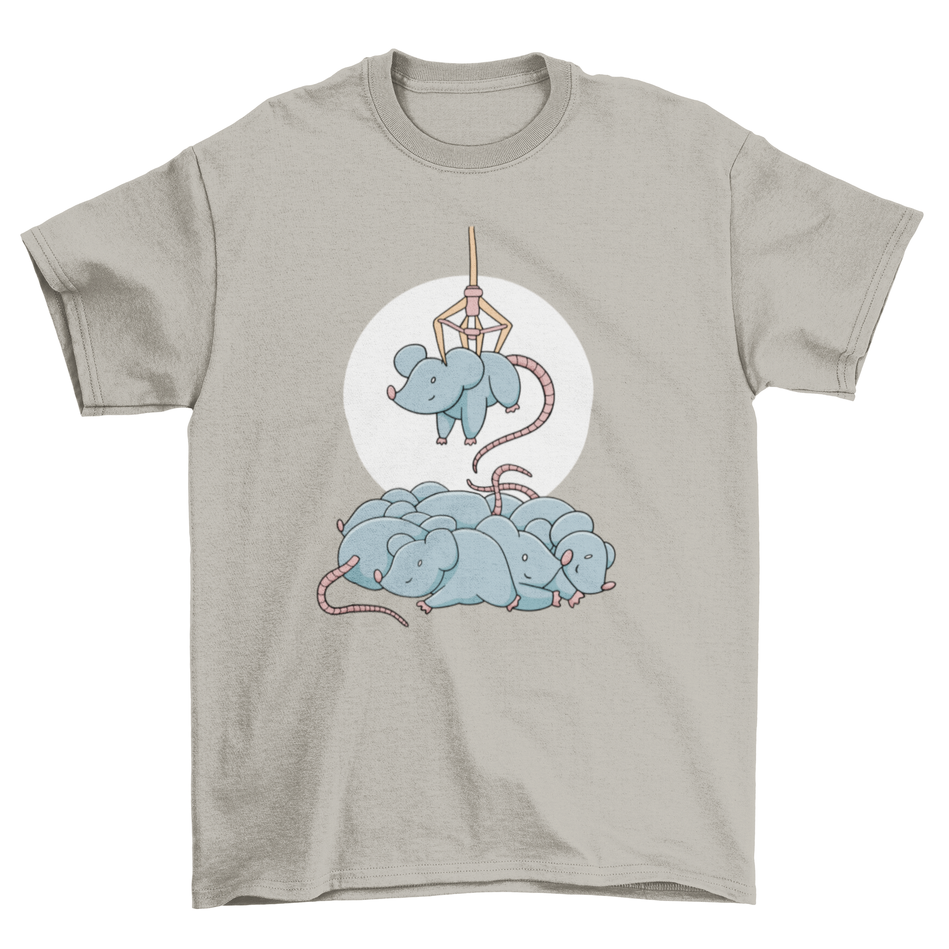 A cute t-shirt design featuring a mouse being grabbed by a claw machine, showcasing a playful and whimsical theme.