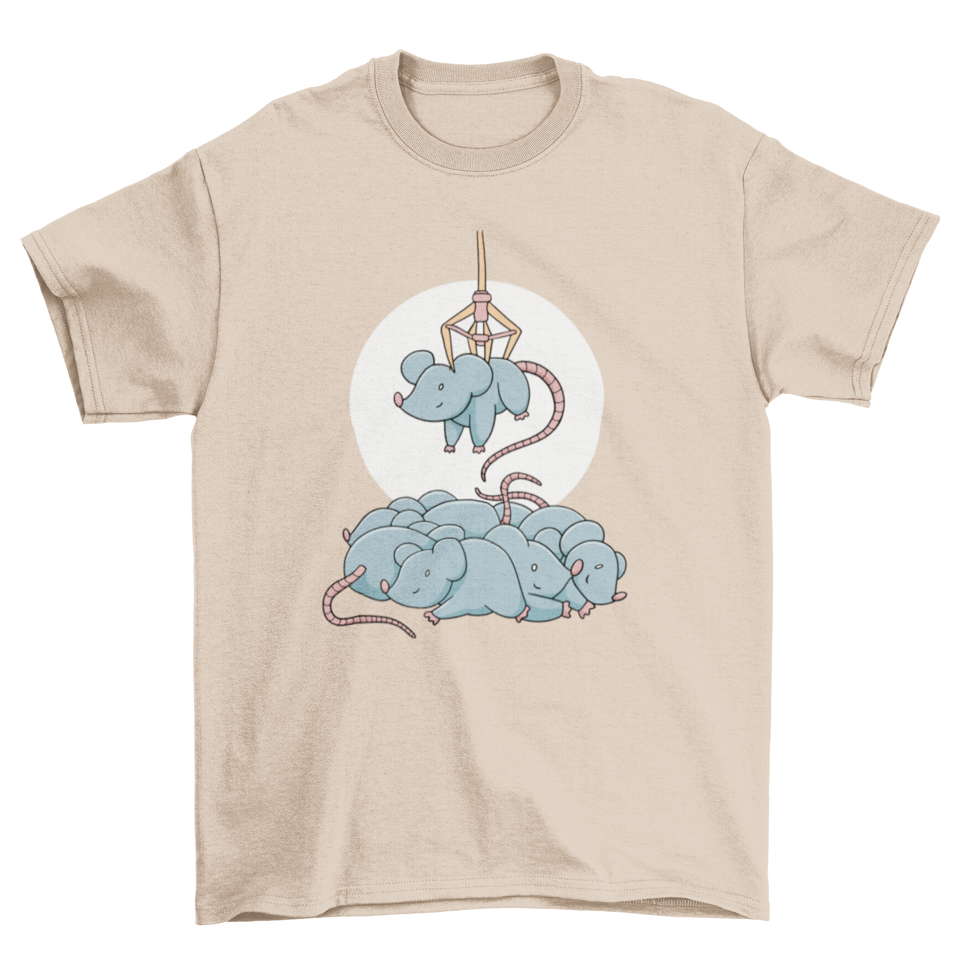 A cute t-shirt design featuring a mouse being grabbed by a claw machine, showcasing a playful and whimsical theme.