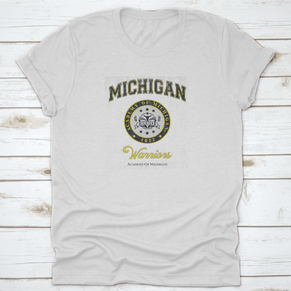 Michigan Academy College Varsity Slogan Print featuring a classic fit and midweight fabric, ideal for showcasing school spirit.