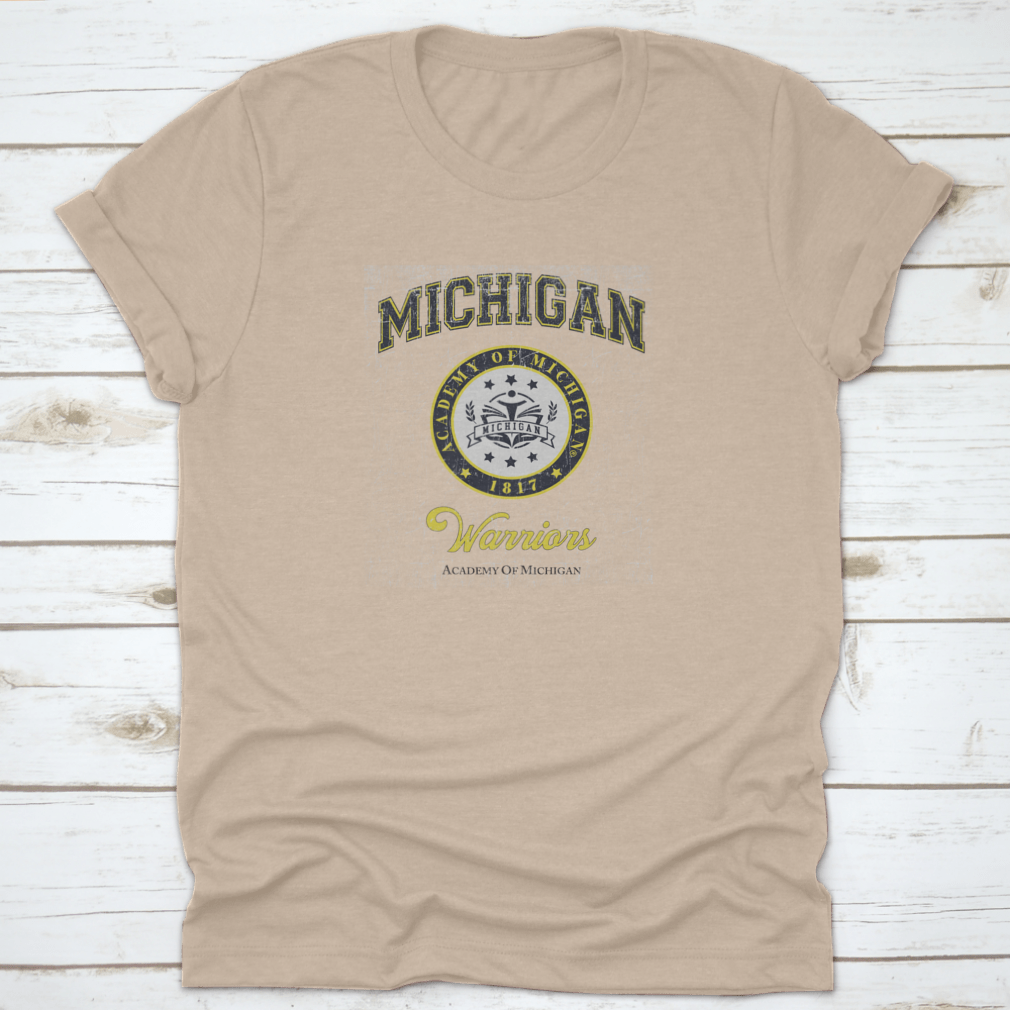 Michigan Academy College Varsity Slogan Print featuring a classic fit and midweight fabric, ideal for showcasing school spirit.