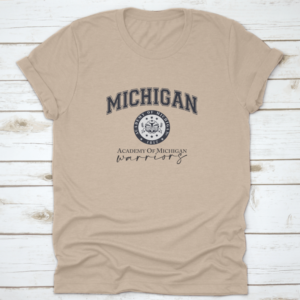 Michigan Academy College Varsity Slogan Print featuring a classic design in soft cotton fabric.