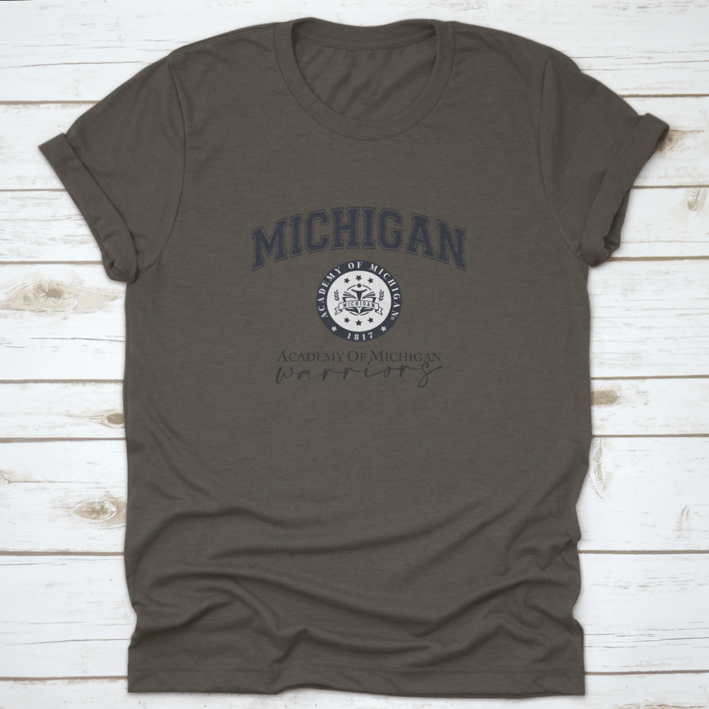 Michigan Academy College Varsity Slogan Print featuring a classic design in soft cotton fabric.