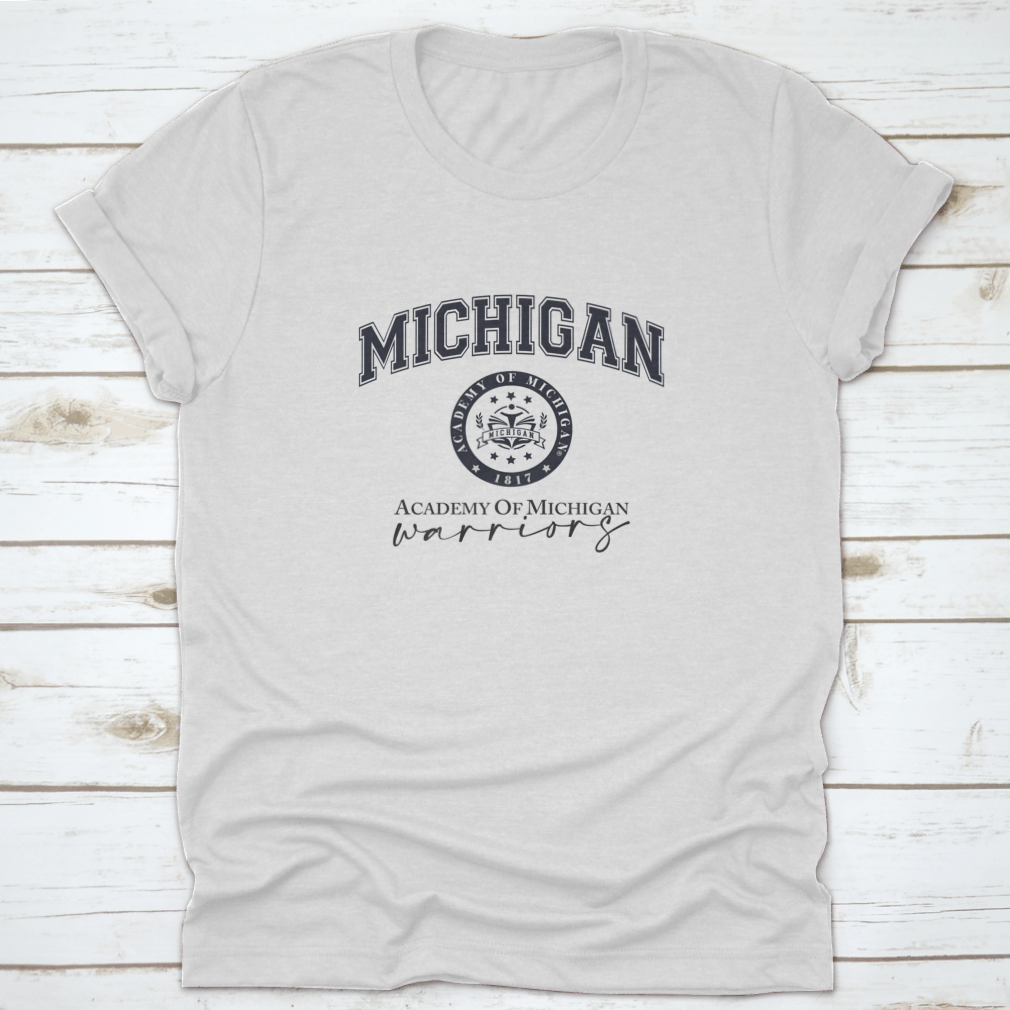 Michigan Academy College Varsity Slogan Print featuring a classic design in soft cotton fabric.