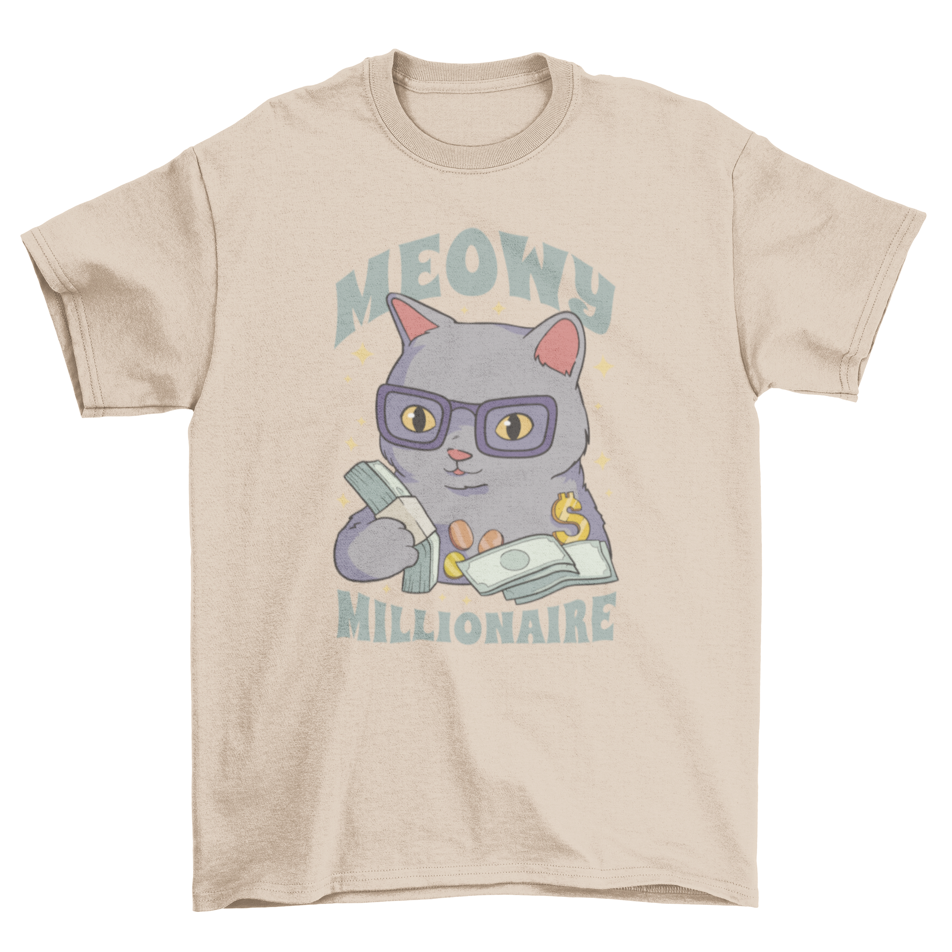 A fun t-shirt featuring a cartoon cat surrounded by money, with the quote 'Meowy millionaire' printed on it.