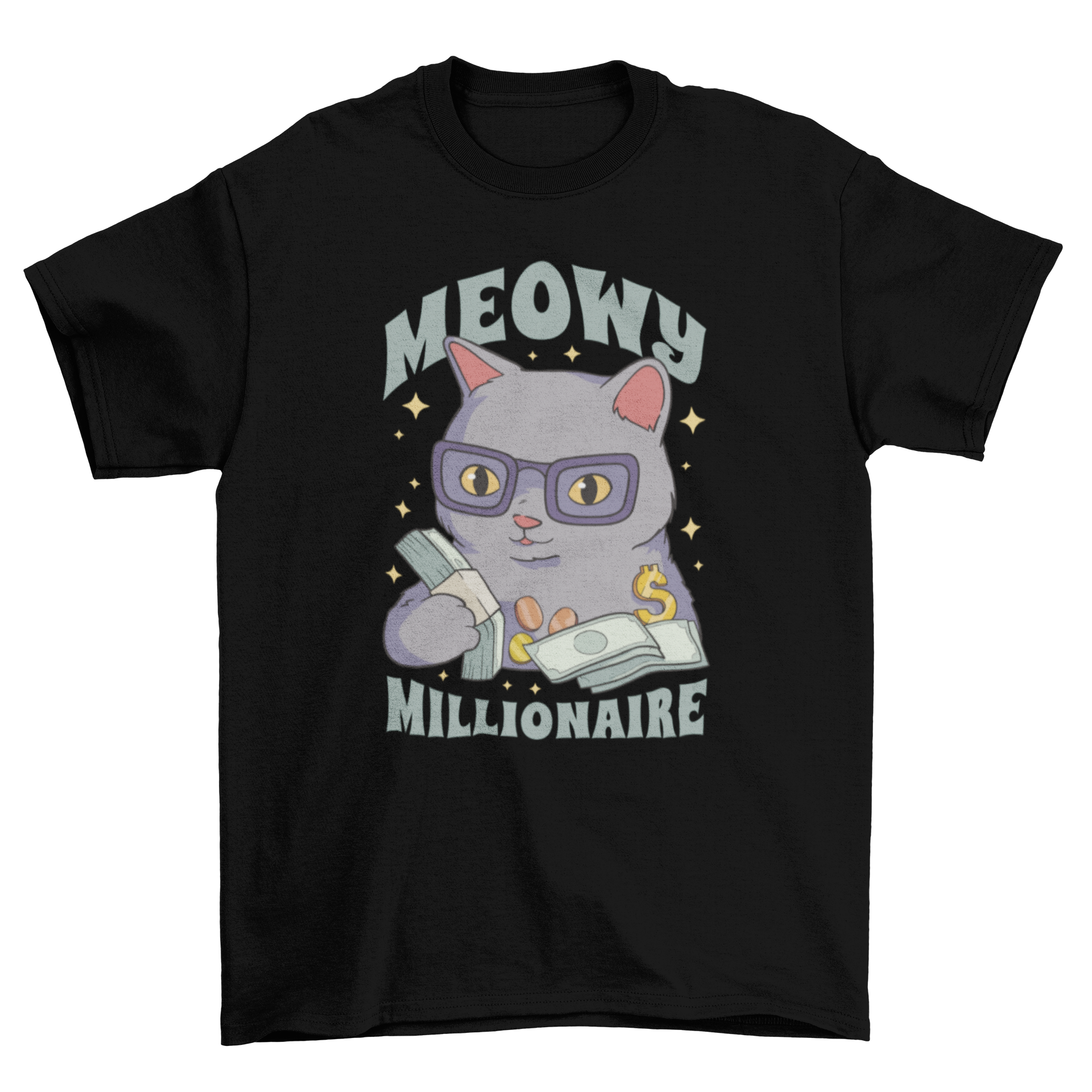 A fun t-shirt featuring a cartoon cat surrounded by money, with the quote 'Meowy millionaire' printed on it.