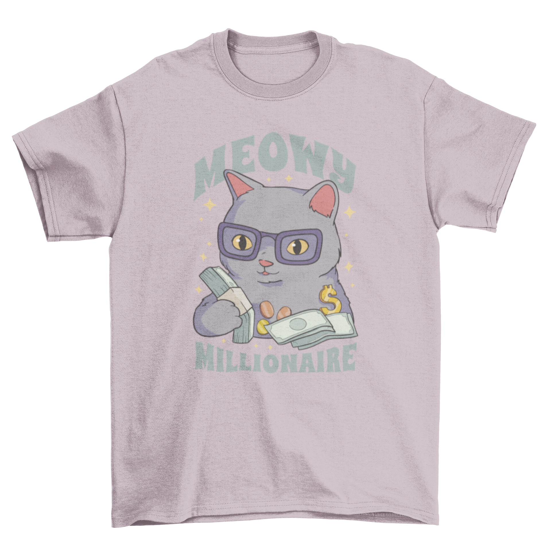 A fun t-shirt featuring a cartoon cat surrounded by money, with the quote 'Meowy millionaire' printed on it.