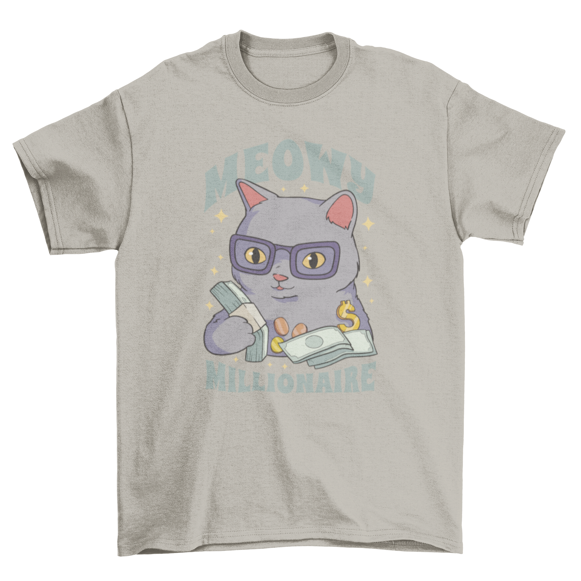 A fun t-shirt featuring a cartoon cat surrounded by money, with the quote 'Meowy millionaire' printed on it.