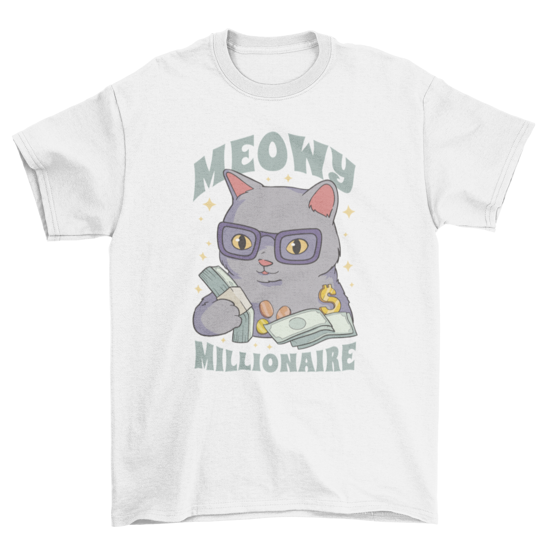 A fun t-shirt featuring a cartoon cat surrounded by money, with the quote 'Meowy millionaire' printed on it.