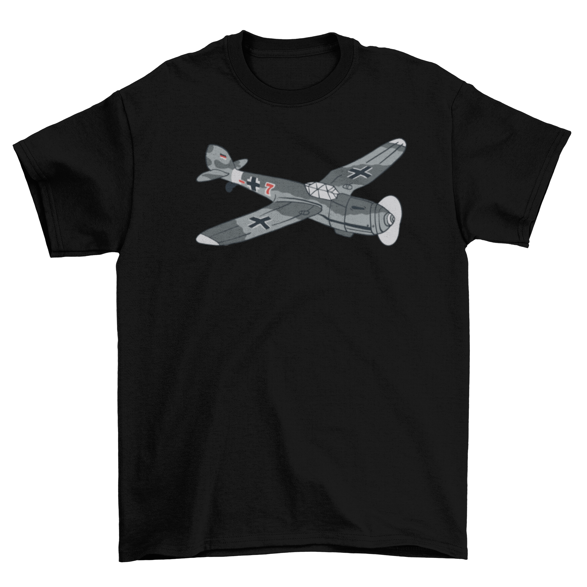 Military aircraft t-shirt featuring a German WWII fighter plane design, showcasing aviation history.