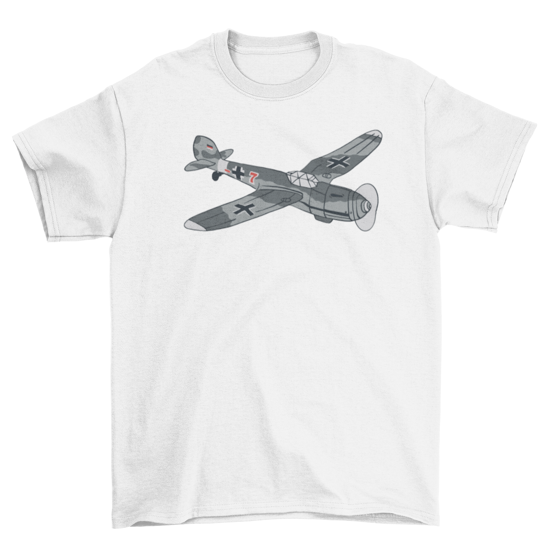 Military aircraft t-shirt featuring a German WWII fighter plane design, showcasing aviation history.