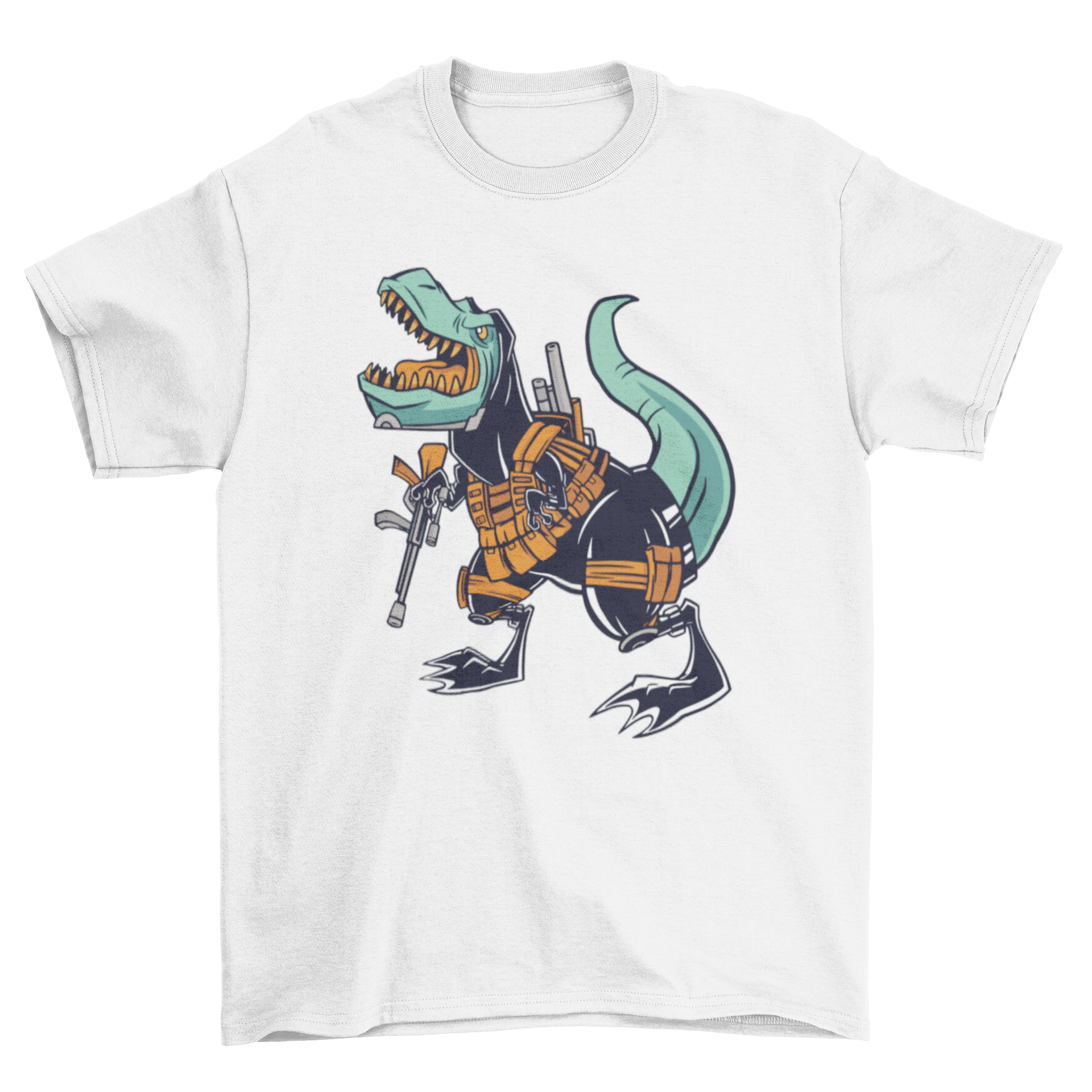 Military T-rex T-shirt featuring a dinosaur soldier with weapons and gear, showcasing a unique and adventurous design.