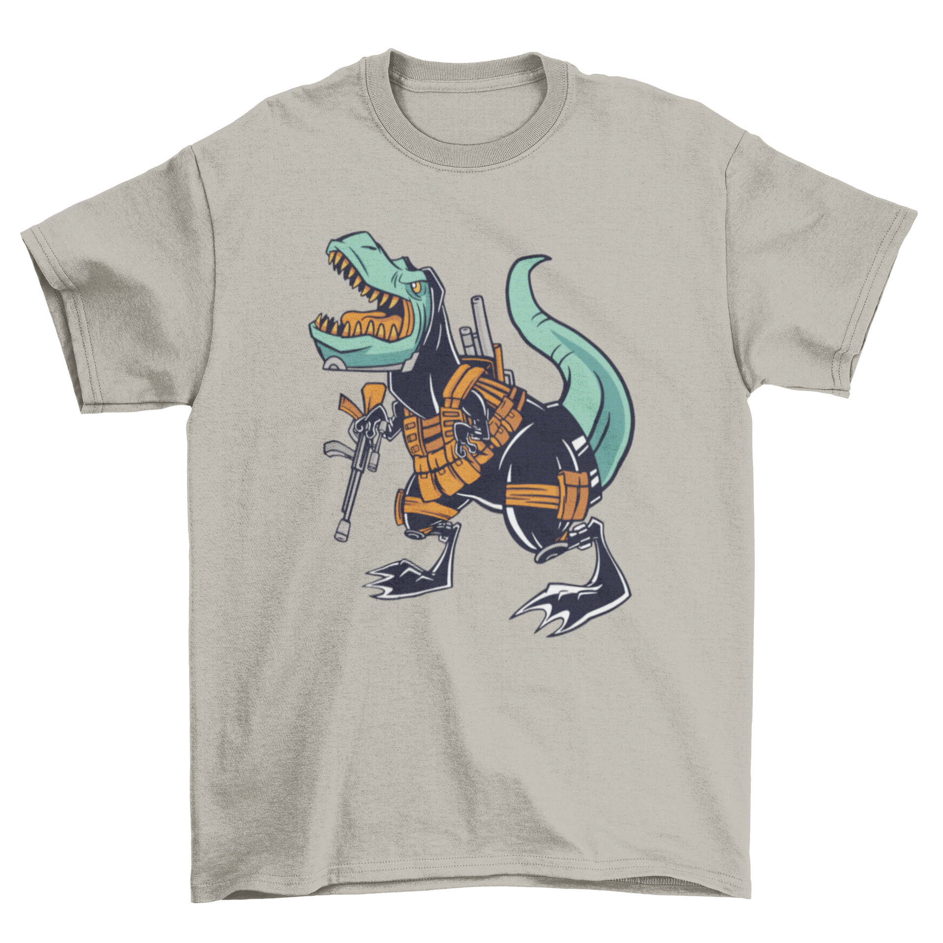 Military T-rex T-shirt featuring a dinosaur soldier with weapons and gear, showcasing a unique and adventurous design.