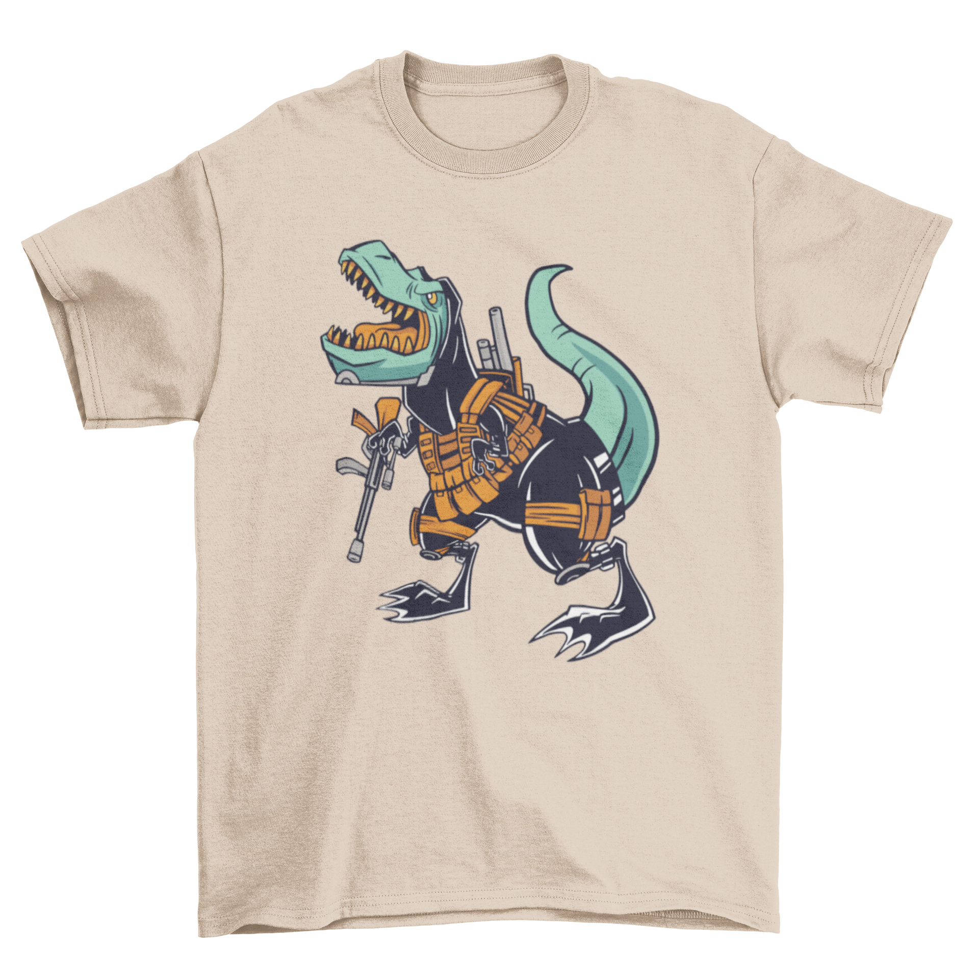 Military T-rex T-shirt featuring a dinosaur soldier with weapons and gear, showcasing a unique and adventurous design.