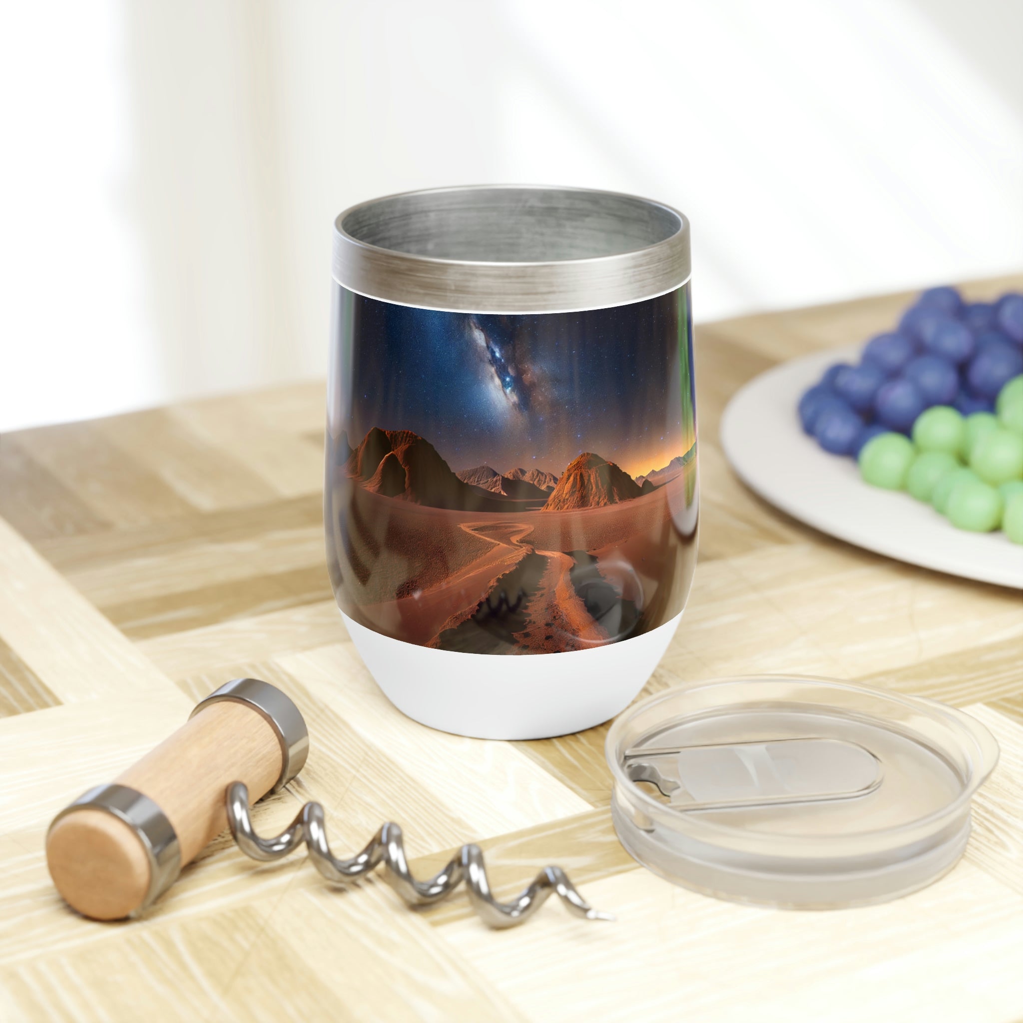 Milky Galaxy Chill Wine Tumbler showcasing its sleek stainless steel design and double-insulated walls, perfect for wine lovers.