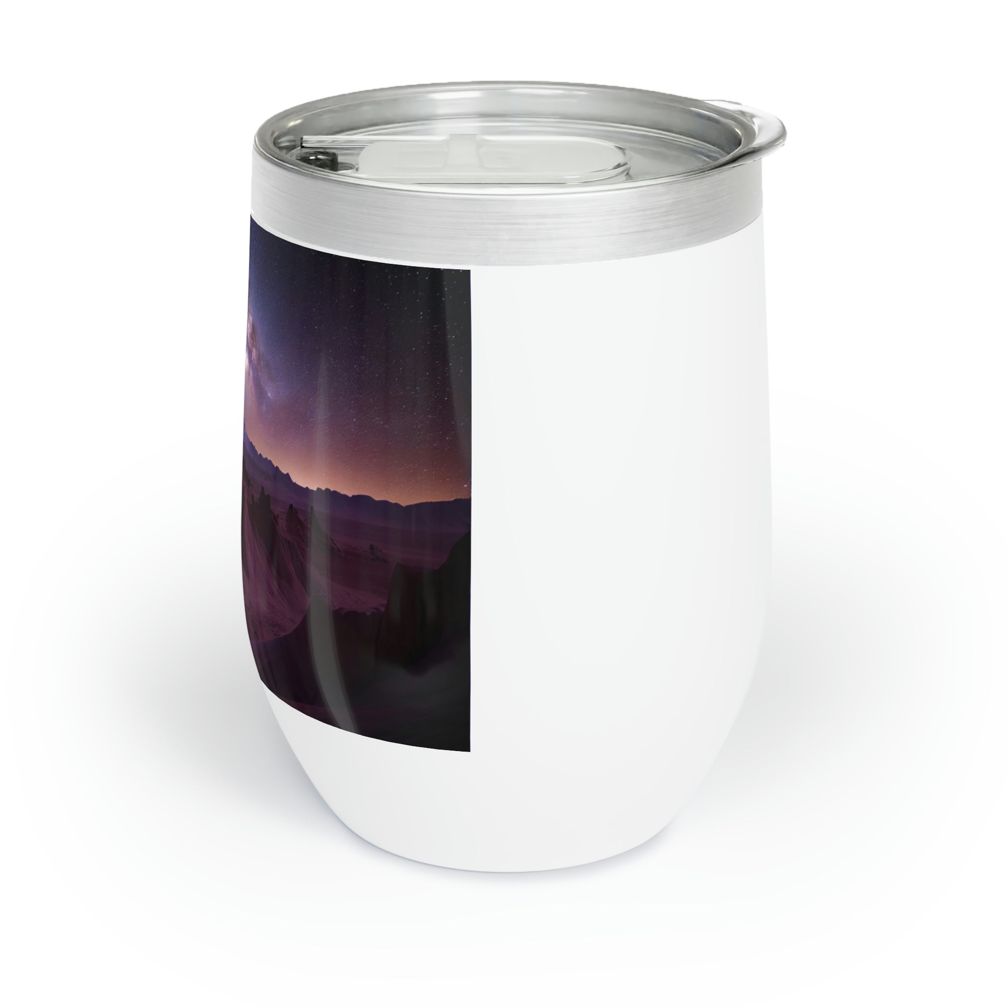 Milky Galaxy Chill Wine Tumbler with a stunning galaxy design, showcasing its stainless steel and double-insulated features.