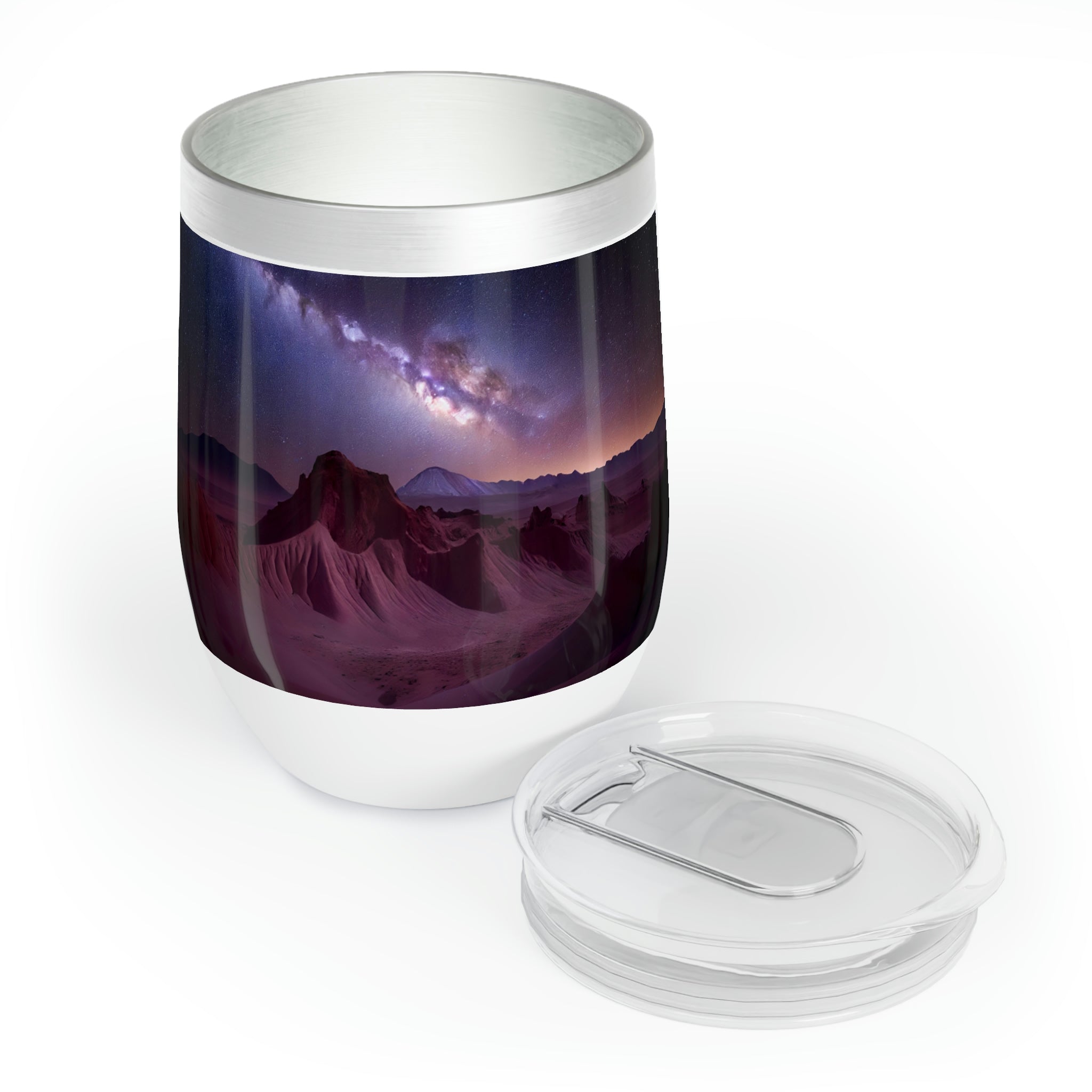 Milky Galaxy Chill Wine Tumbler with a stunning galaxy design, showcasing its stainless steel and double-insulated features.