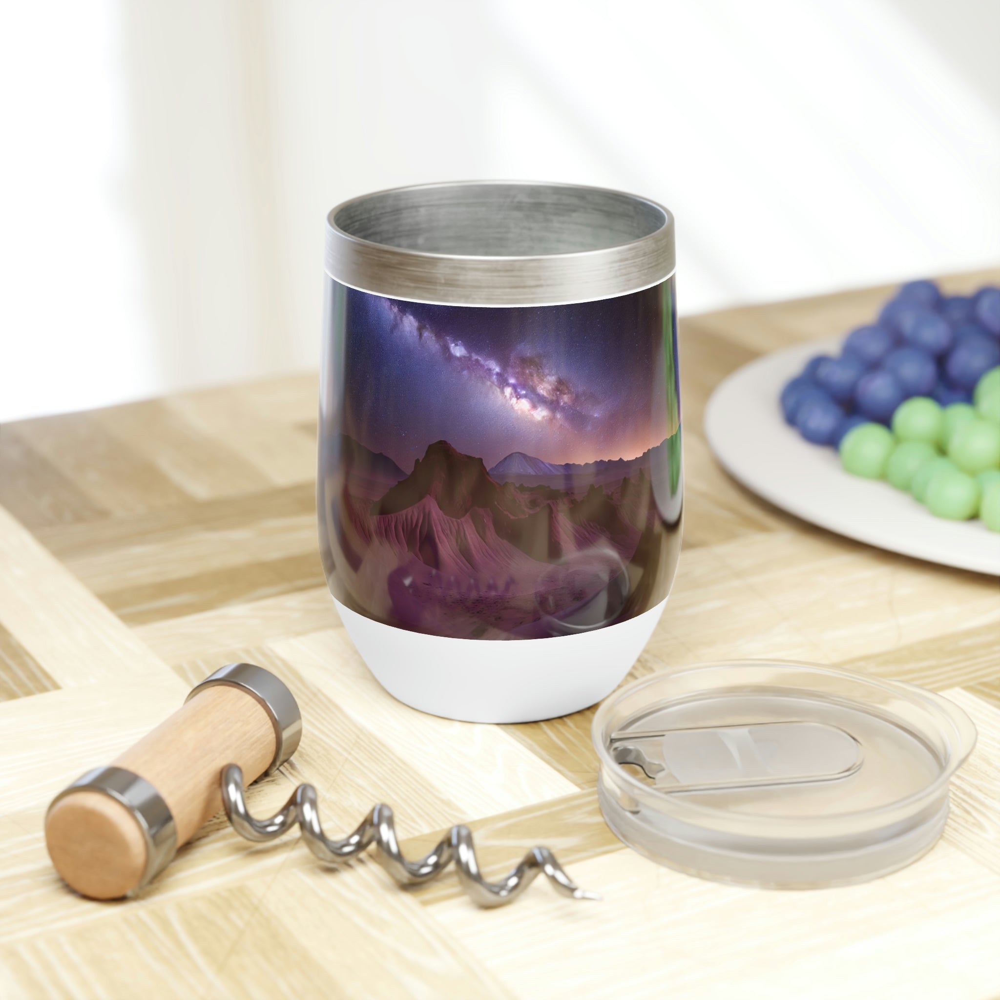 Milky Galaxy Chill Wine Tumbler with a stunning galaxy design, showcasing its stainless steel and double-insulated features.