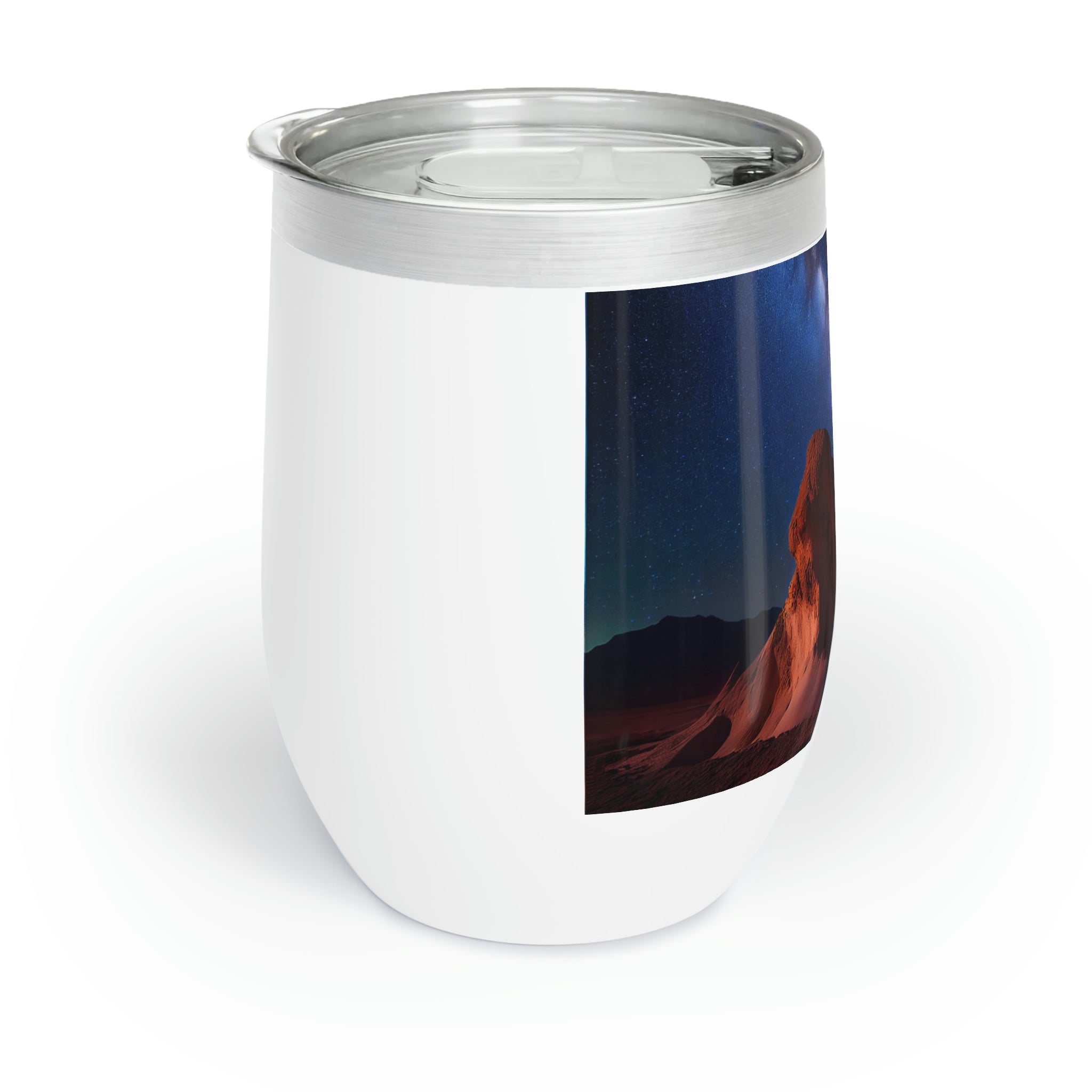 Milky Galaxy Chill Wine Tumbler featuring a vibrant galaxy design, double-insulated stainless steel construction, and a stemless shape for easy handling.