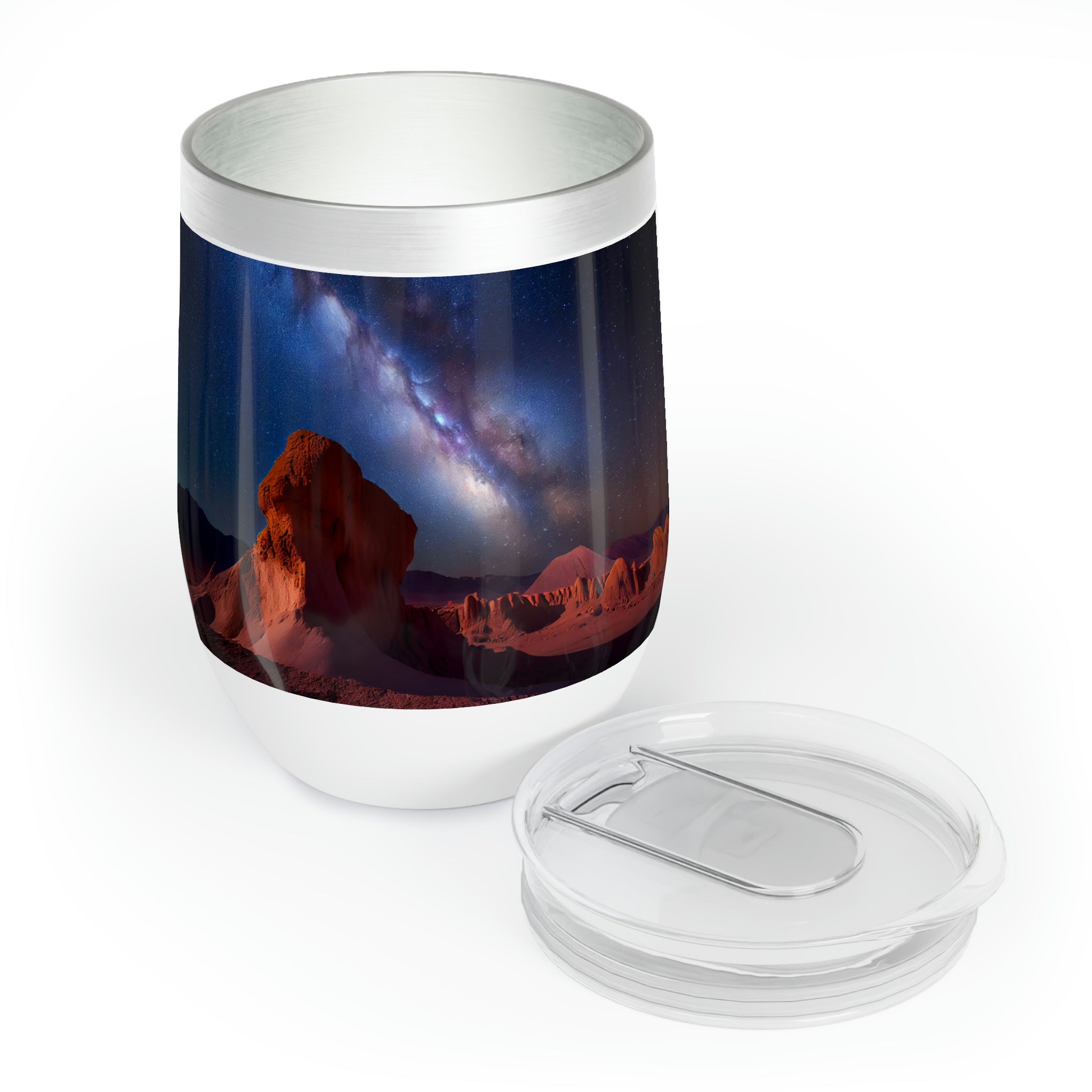 Milky Galaxy Chill Wine Tumbler featuring a vibrant galaxy design, double-insulated stainless steel construction, and a stemless shape for easy handling.