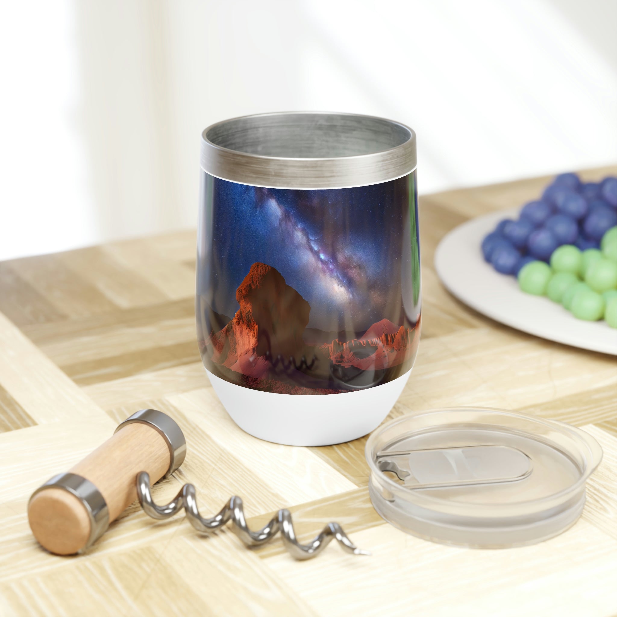 Milky Galaxy Chill Wine Tumbler featuring a vibrant galaxy design, double-insulated stainless steel construction, and a stemless shape for easy handling.