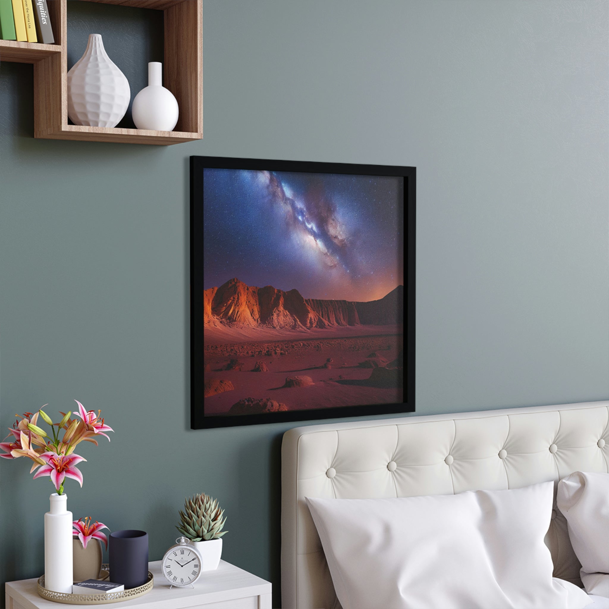 Milky Galaxy Framed Poster featuring a cosmic design in a hand-crafted wooden frame, perfect for home decor.