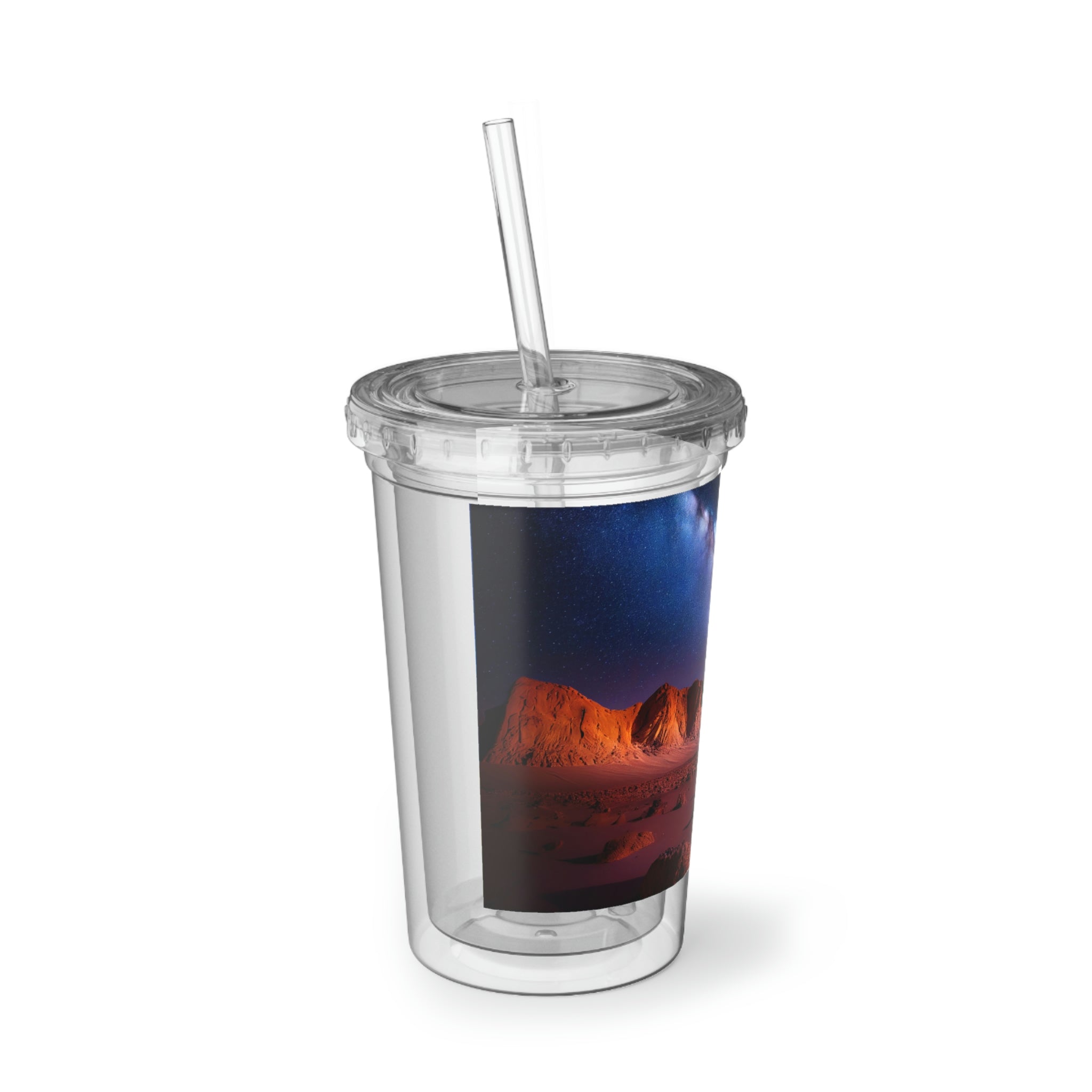 Milky Galaxy Suave Acrylic Cup featuring a sleek stainless steel design with a black screw-on cap and a plastic straw, ideal for beverages.