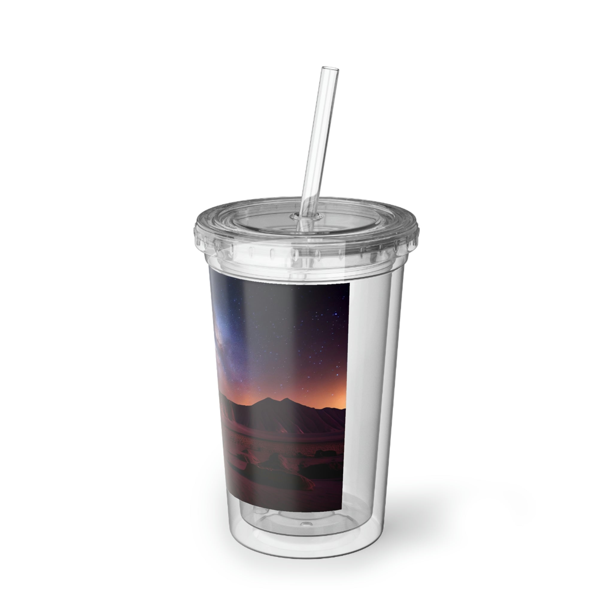 Milky Galaxy Suave Acrylic Cup featuring a sleek stainless steel design with a black screw-on cap and a plastic straw, ideal for beverages.