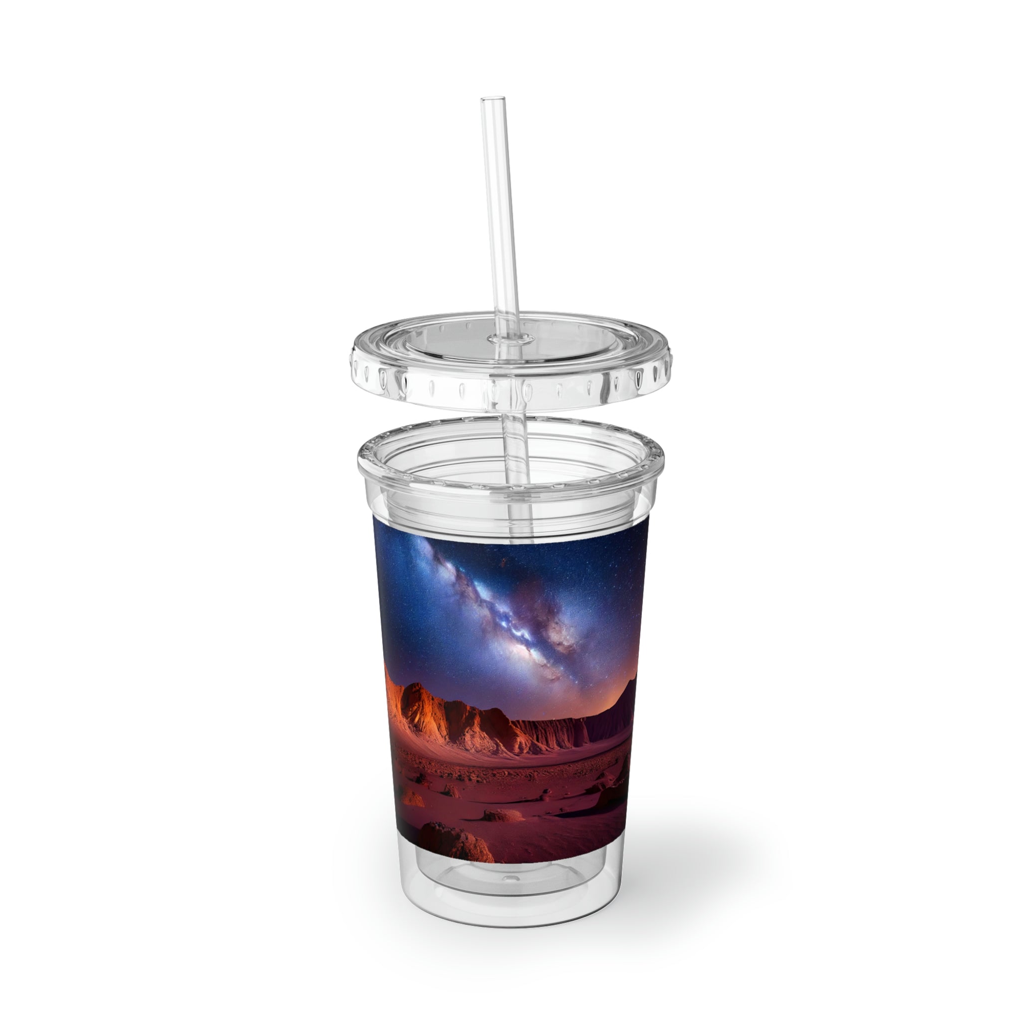 Milky Galaxy Suave Acrylic Cup featuring a sleek stainless steel design with a black screw-on cap and a plastic straw, ideal for beverages.