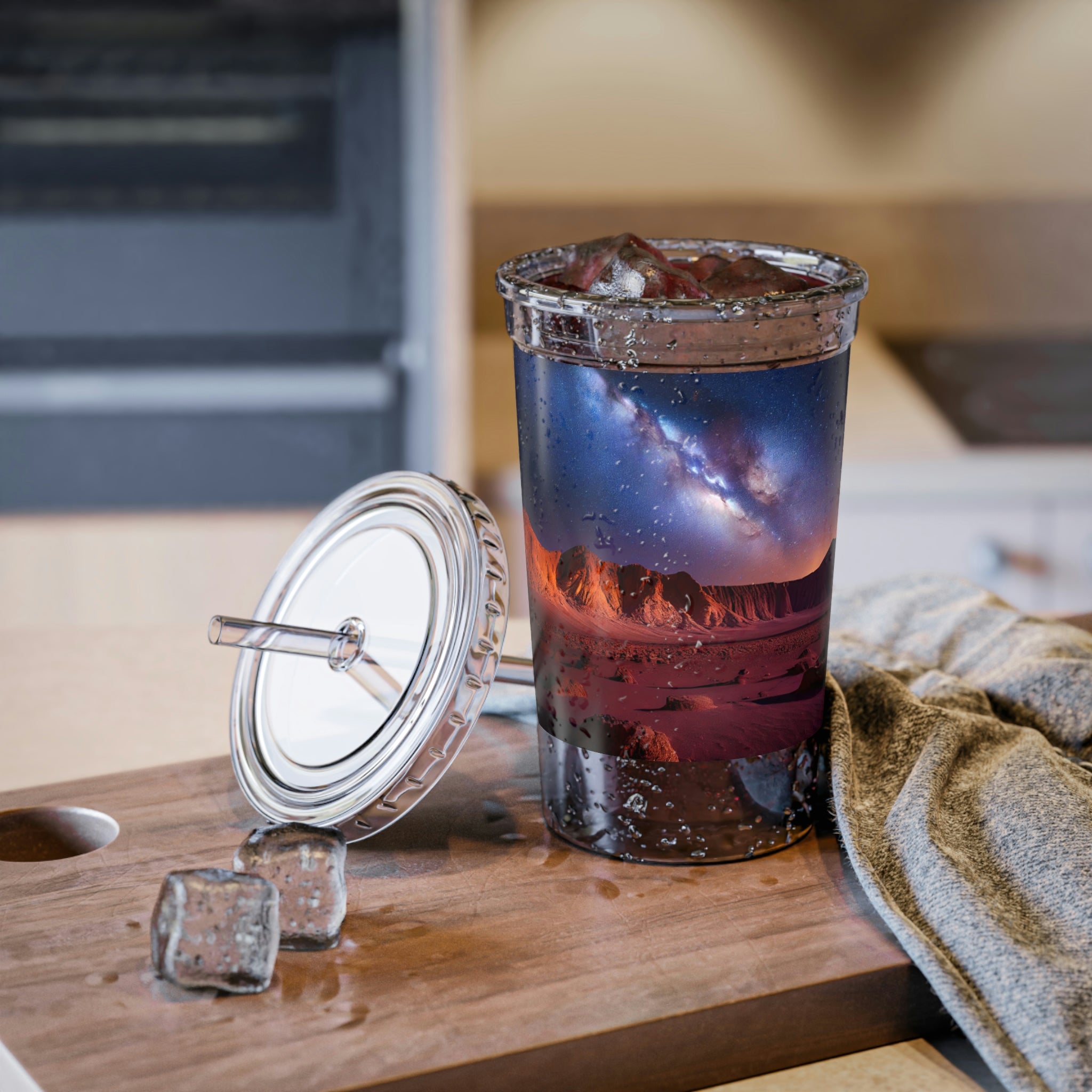 Milky Galaxy Suave Acrylic Cup featuring a sleek stainless steel design with a black screw-on cap and a plastic straw, ideal for beverages.