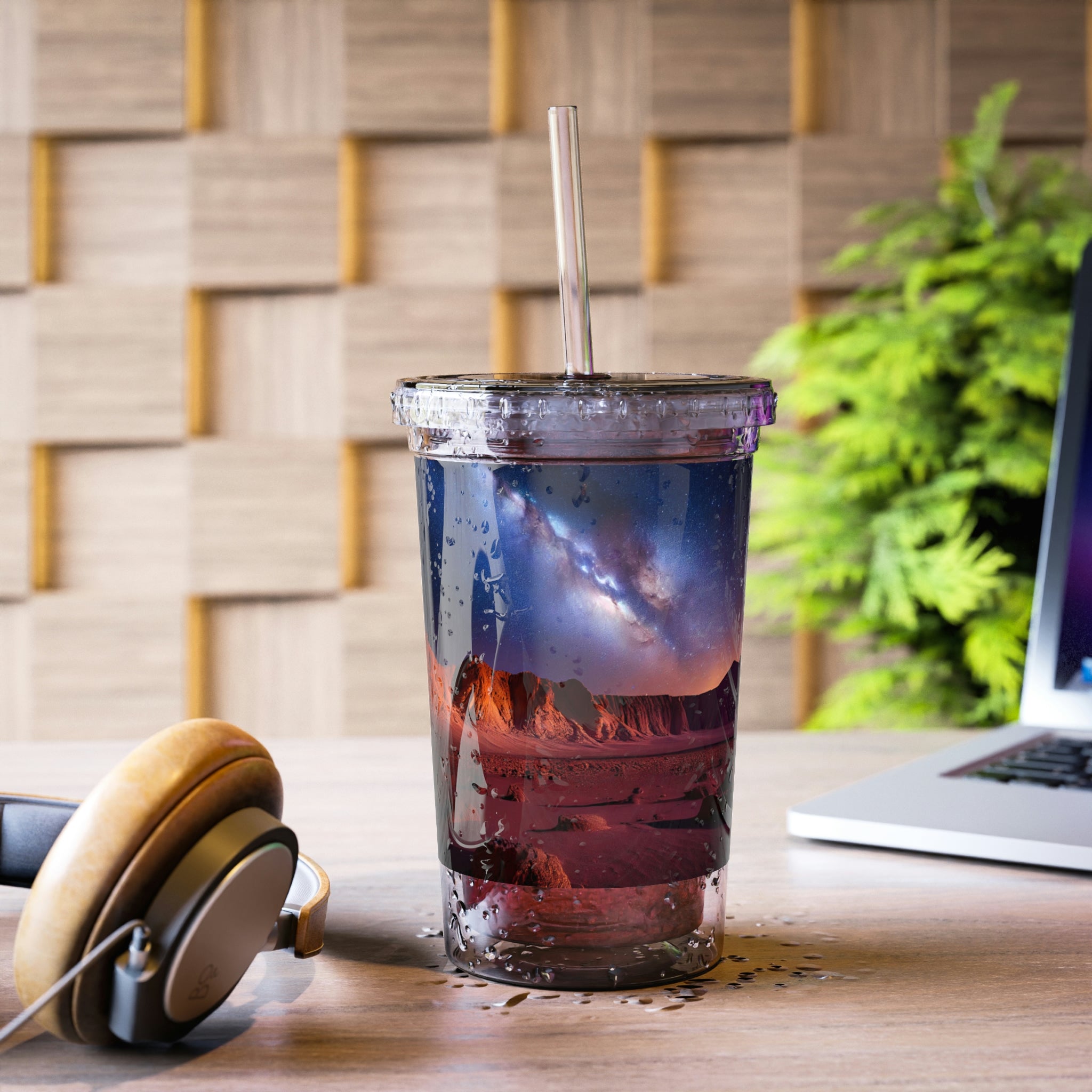 Milky Galaxy Suave Acrylic Cup featuring a sleek stainless steel design with a black screw-on cap and a plastic straw, ideal for beverages.