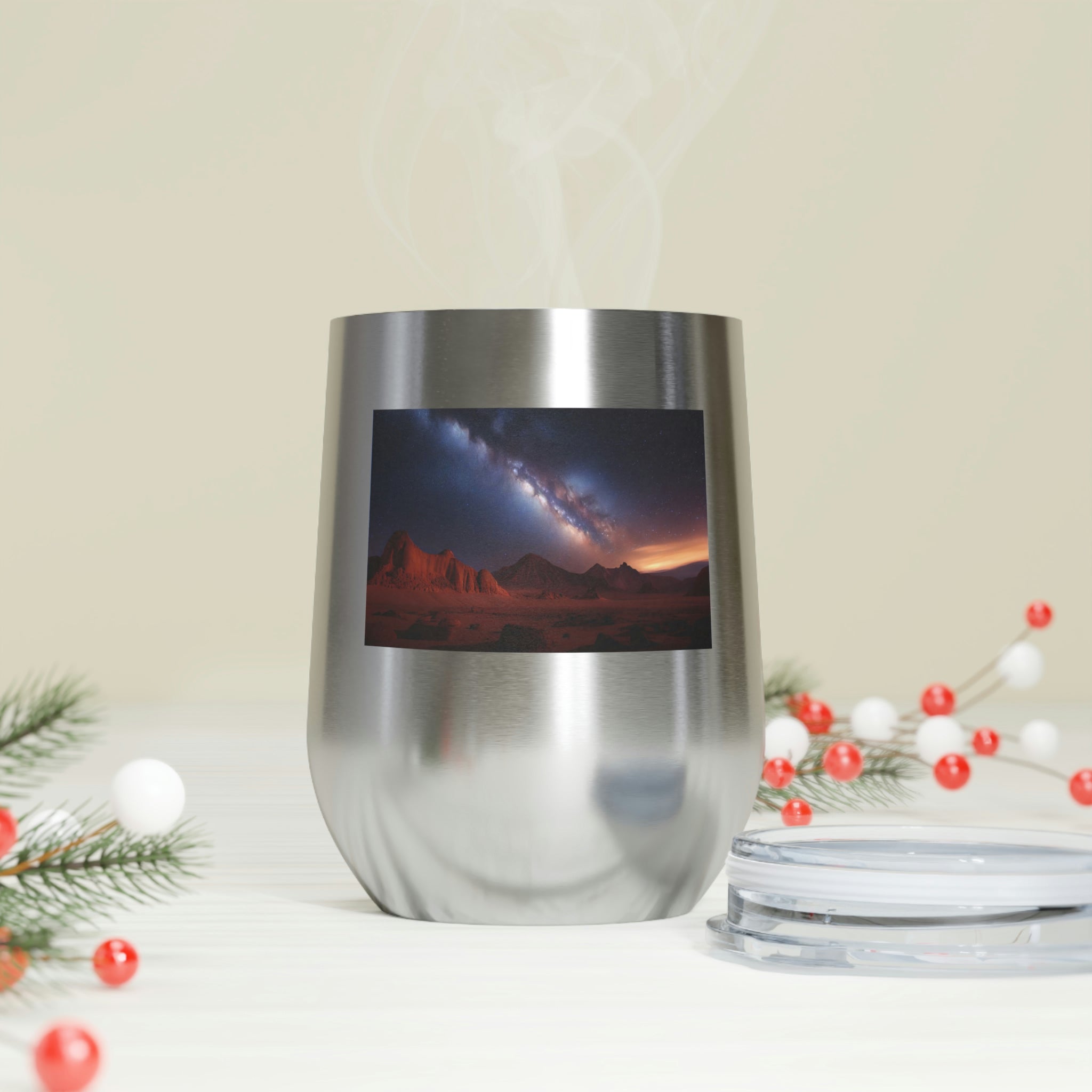 Milky Galaxy Wine Tumbler with a stylish design and clear lid, perfect for hot and cold beverages.