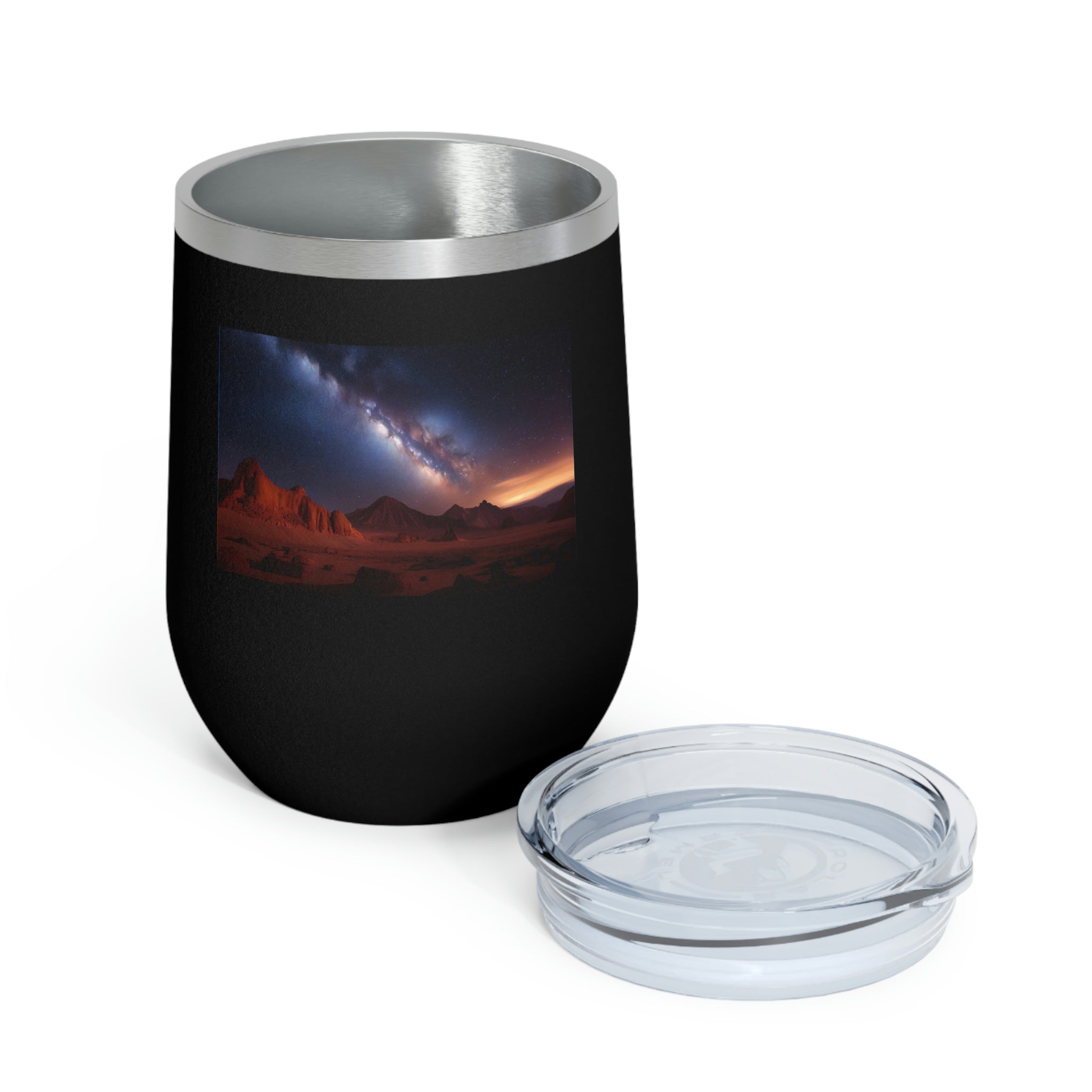 Milky Galaxy Wine Tumbler with a stylish design and clear lid, perfect for hot and cold beverages.