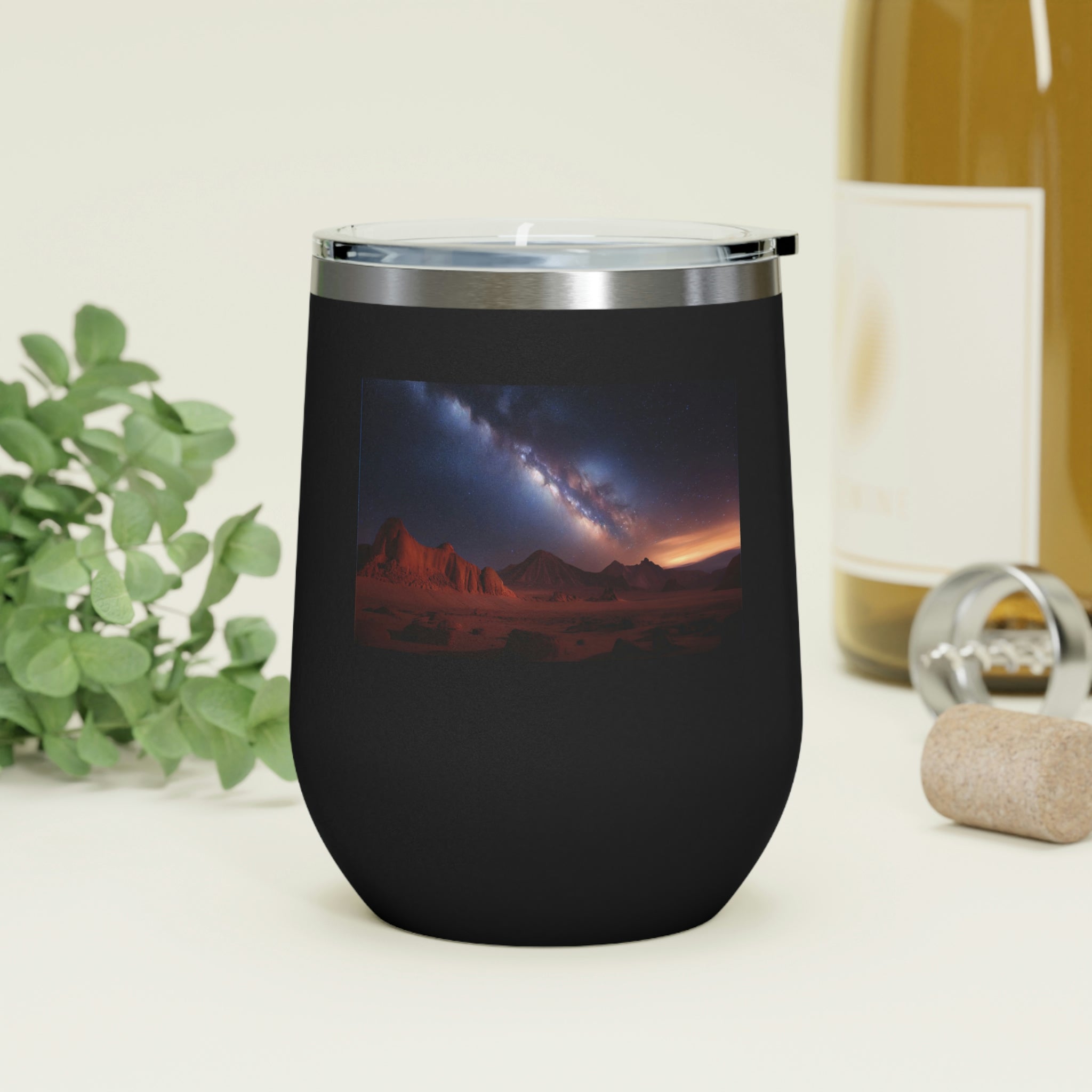 Milky Galaxy Wine Tumbler with a stylish design and clear lid, perfect for hot and cold beverages.