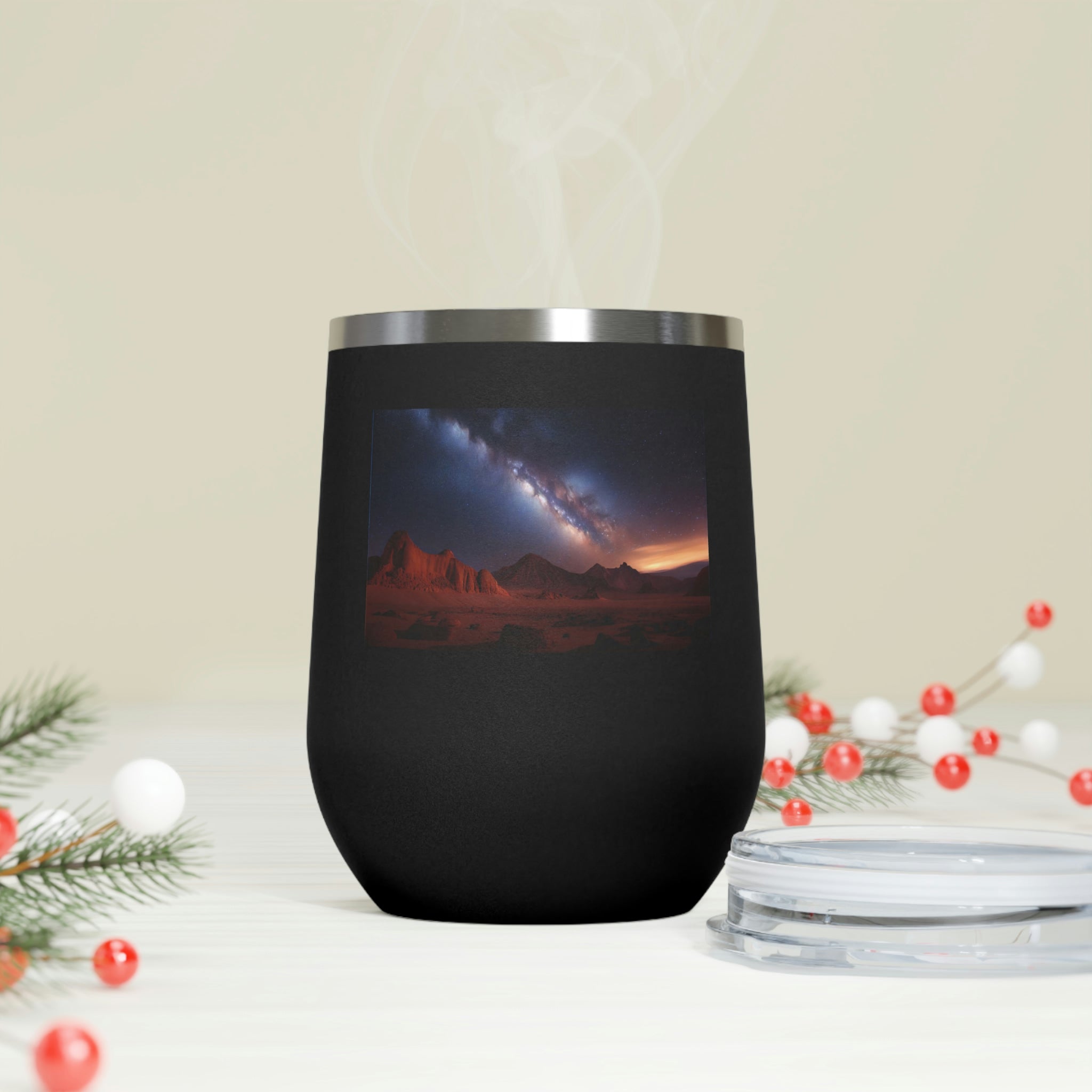 Milky Galaxy Wine Tumbler with a stylish design and clear lid, perfect for hot and cold beverages.